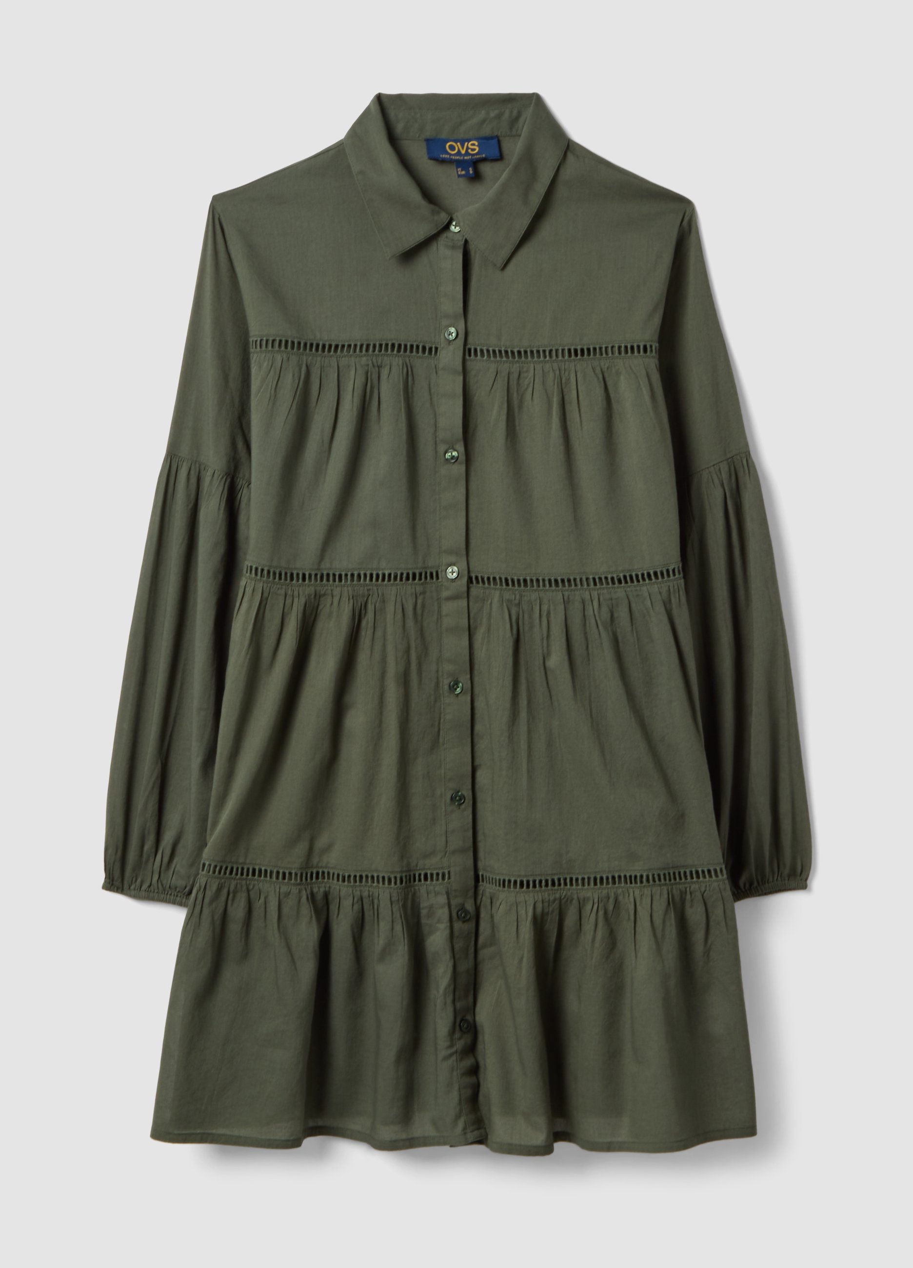 Caftán Verde De Puro Algodón Orgánico Con Volantes E Inserciones Caladas, Mujer, Verde, Talla: 36