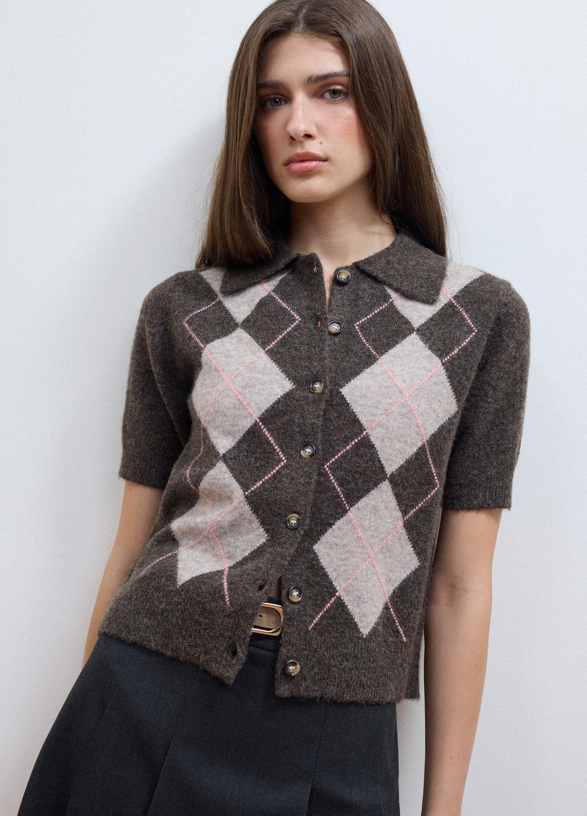 LES COPAINS, Cardigan Marrone In Lana Elasticizzata Con Collo Polo Regular Fit, Donna, Marrone, Taglia: XL