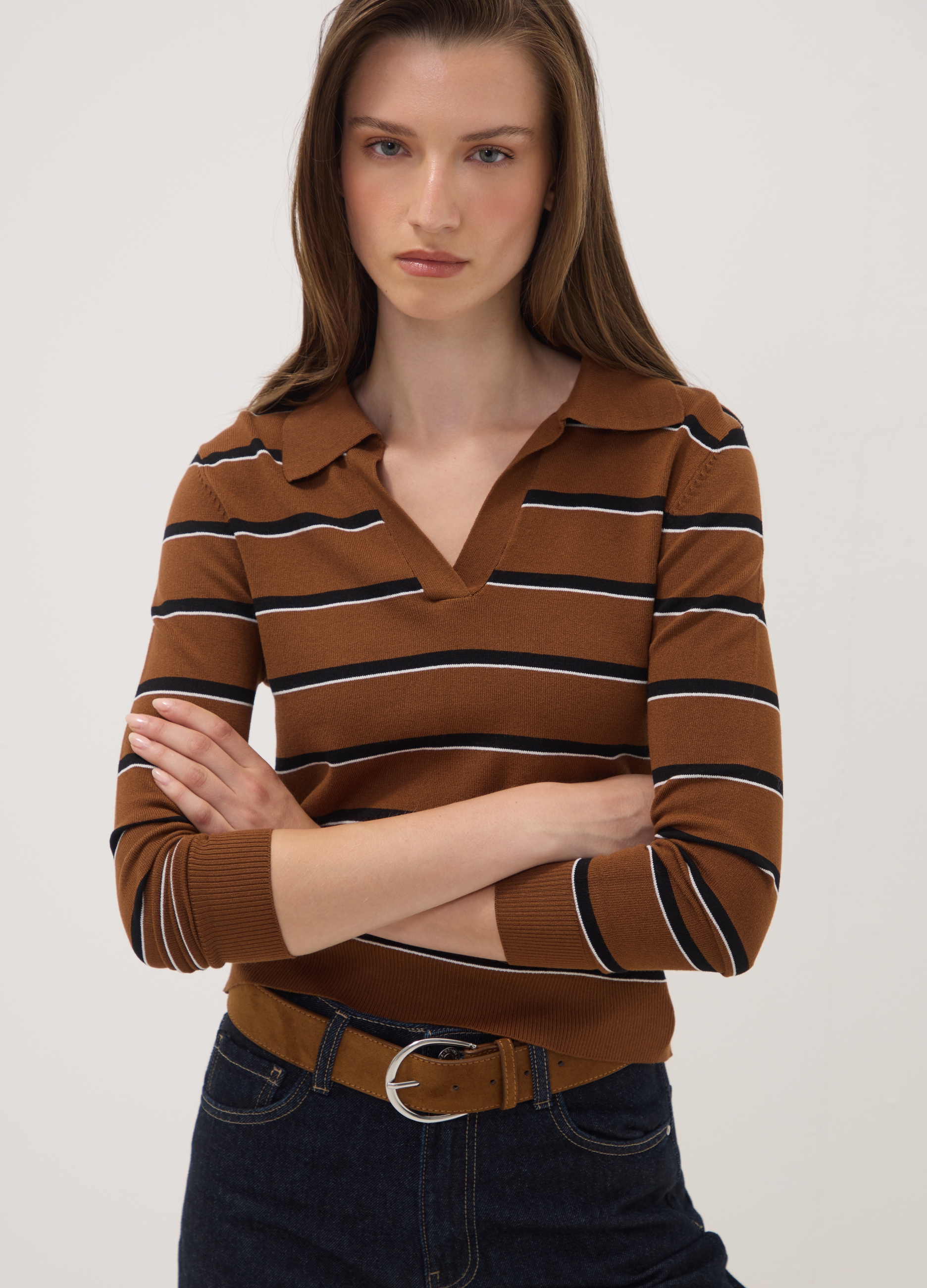 OVS, Maglia Marrone In Misto Viscosa Con Colletto Polo Regular Fit, Donna, Marrone, Taglia: XL