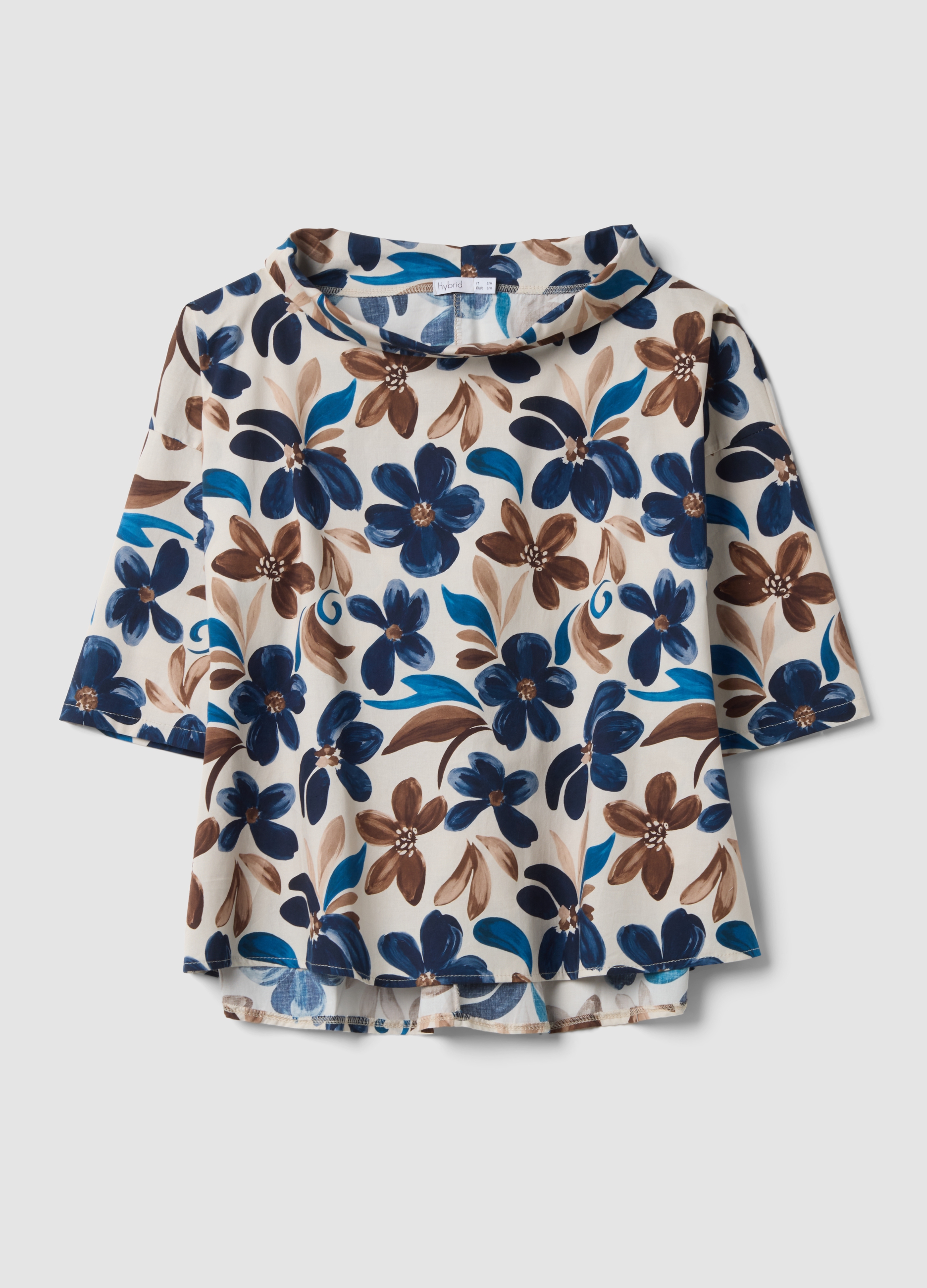 HYBRID, Blusa Bianca In Cotone Elasticizzato Con Fantasia Floreale Regular Fit, Donna, Bianco, Taglia: L/XL