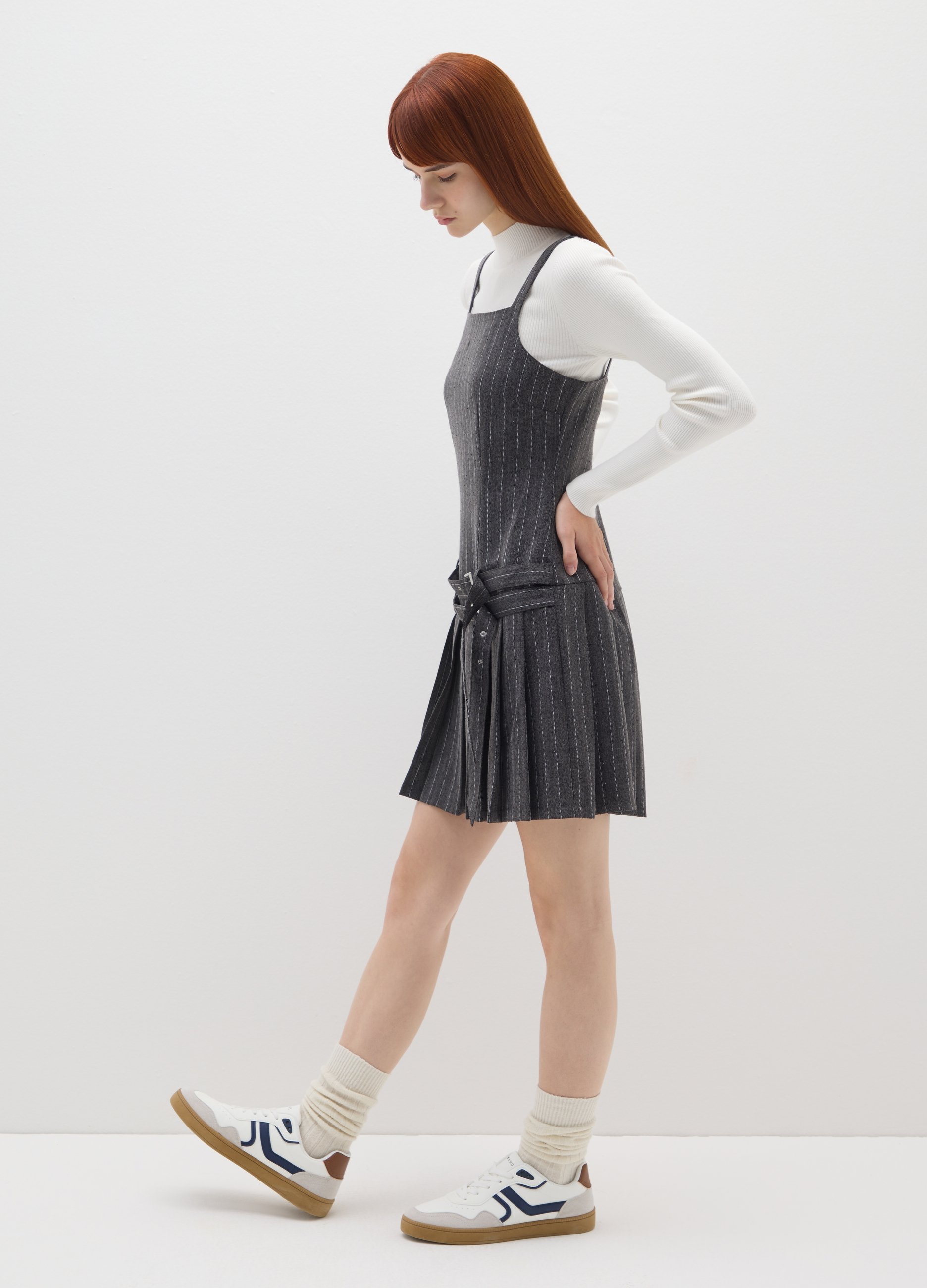 B.ANGEL, Abito Grigio Con Bretelle E Cintura In Vita, Donna, Grigio, Taglia: S