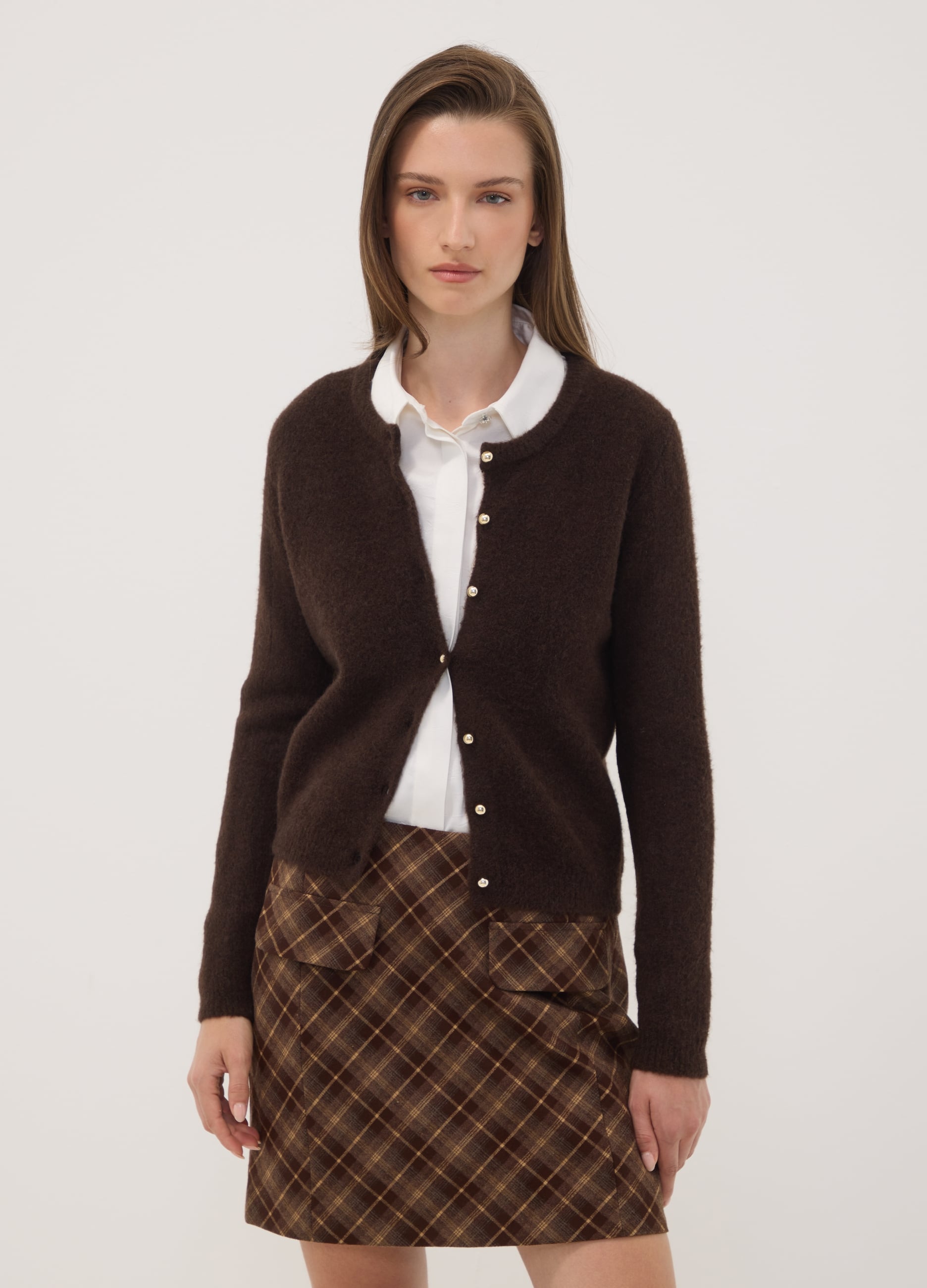 OVS, Cardigan Marrone In Lana Elasticizzata A Girocollo Regular Fit, Donna, Marrone, Taglia: L