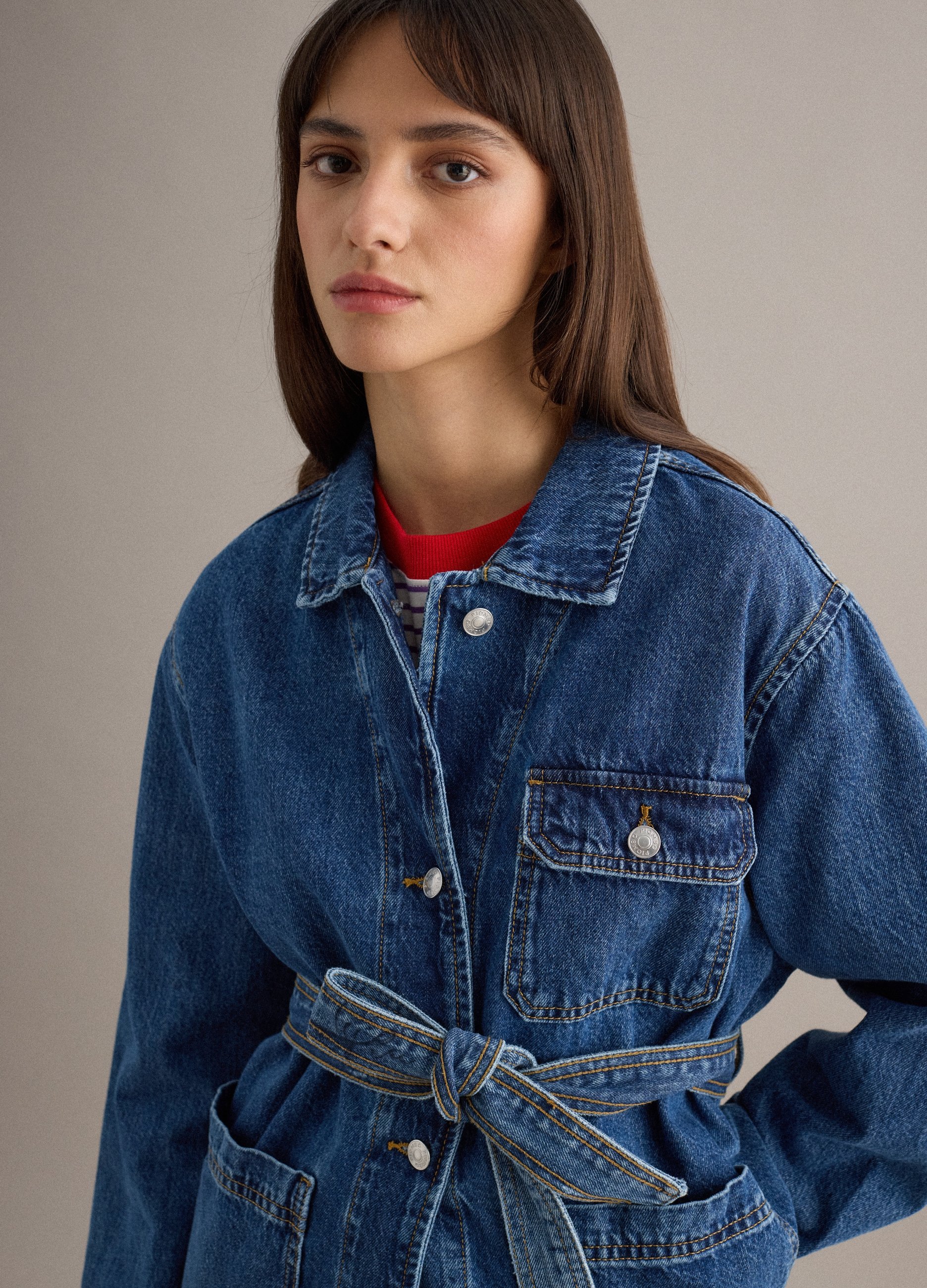 PIOMBO, Chaqueta Denim Azul, 100% Algodón, Ajuste Regular Con Cinturón, Mujer, Azul vaquero, Talla: S