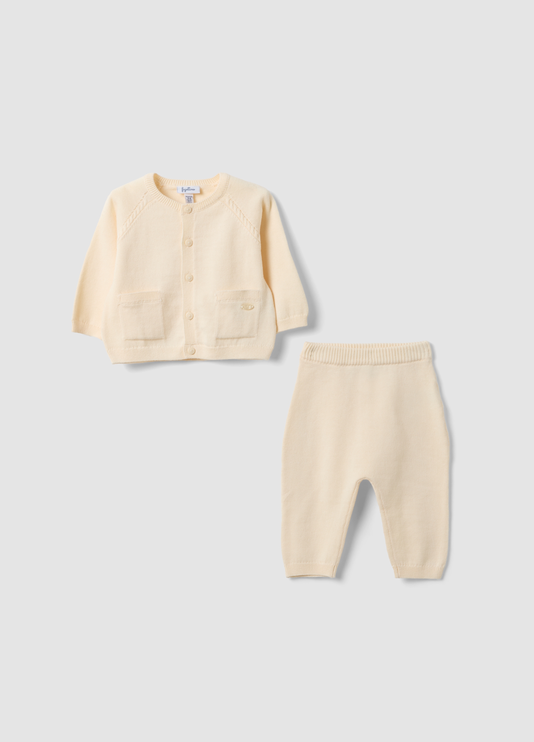 FAGOTTINO, Completo Beige In Puro Cotone Organico Con Cardigan E Pantaloni In Maglia, Unisex, Beige, Taglia: 1-3