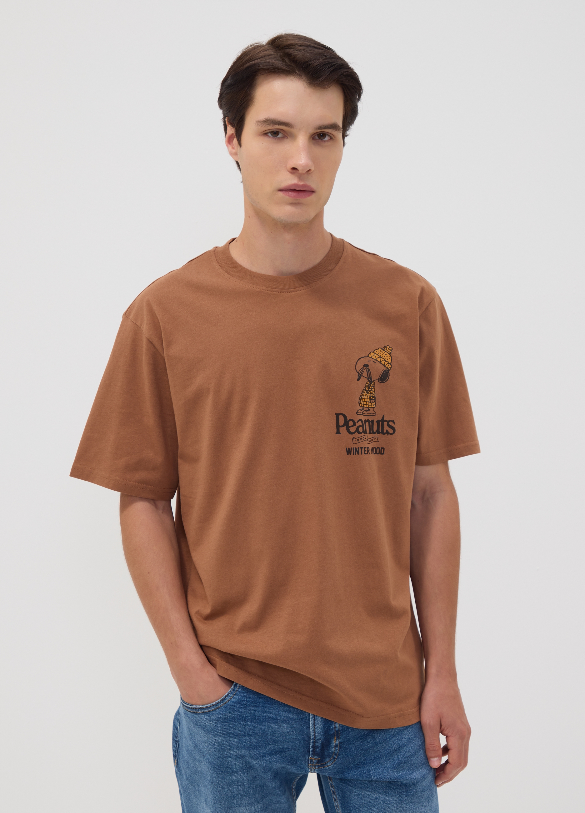 PEANUTS, T-shirt Marrone In Puro Cotone Stampa Peanuts Relaxed Fit, Uomo, Marrone, Taglia: S