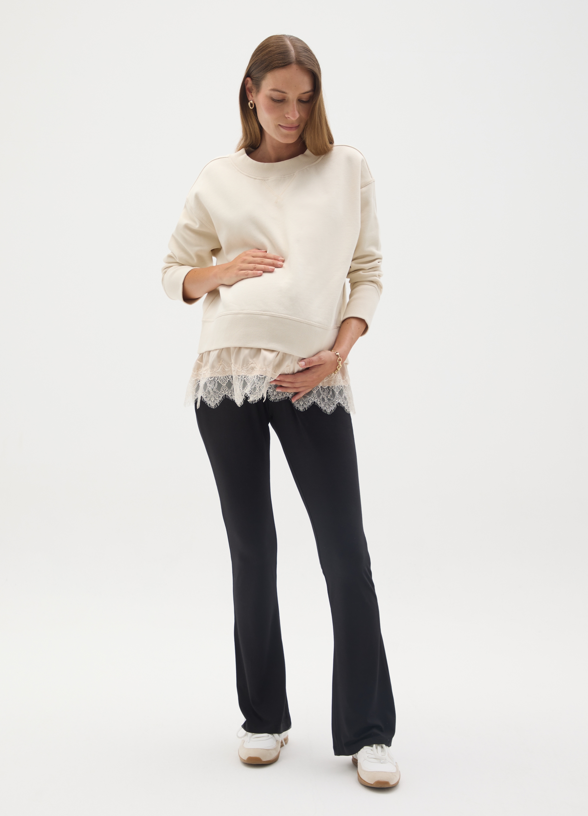 OVS, Sudadera Premamá Crema En Algodón Con Ribete De Encaje, Mujer, Beige Claro, Talla: 40