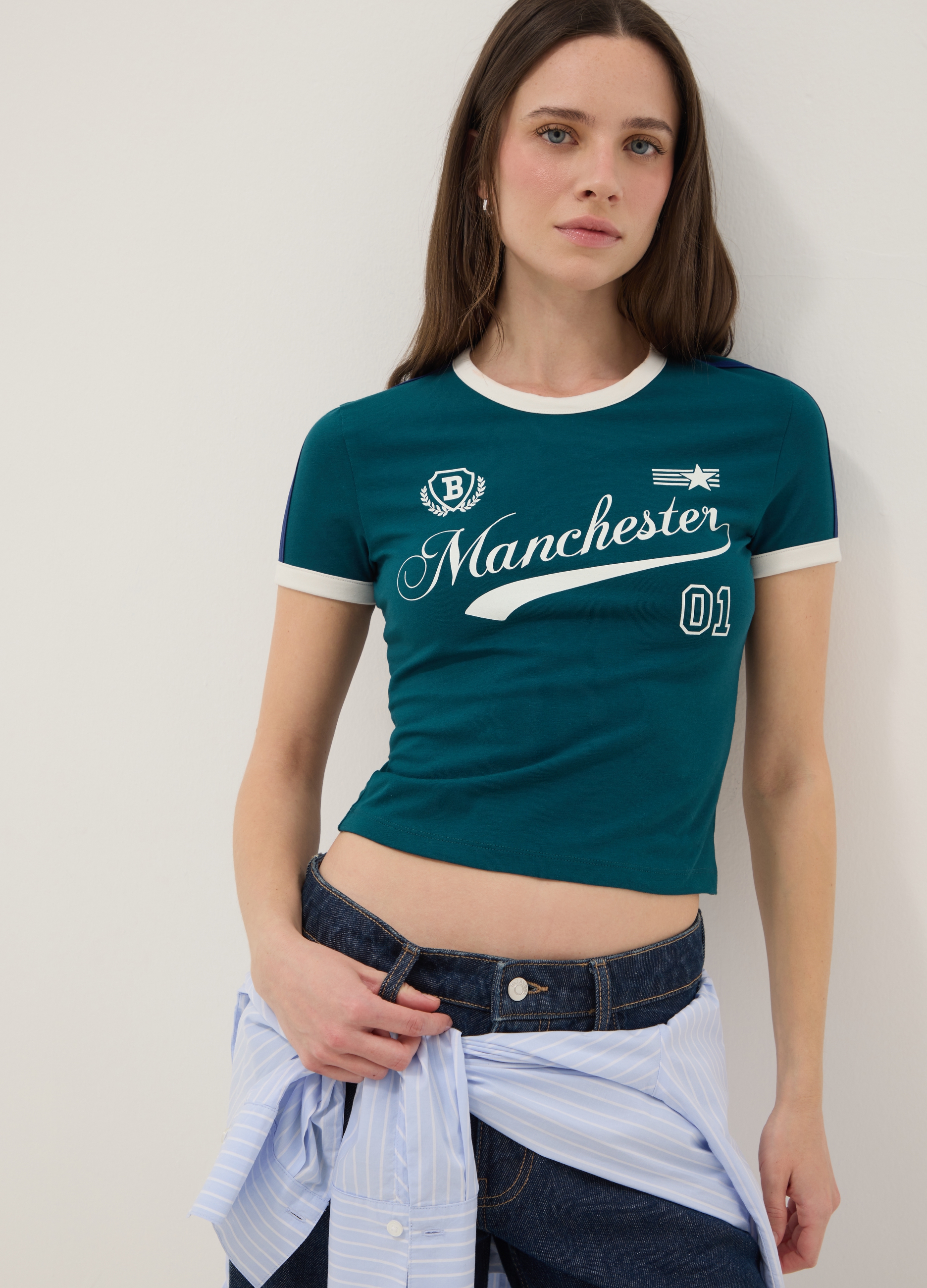 B.ANGEL, Camiseta Verde Slim Fit De Algodón Elástico Con Estampado, Mujer, Verde oscuro, Talla: 40