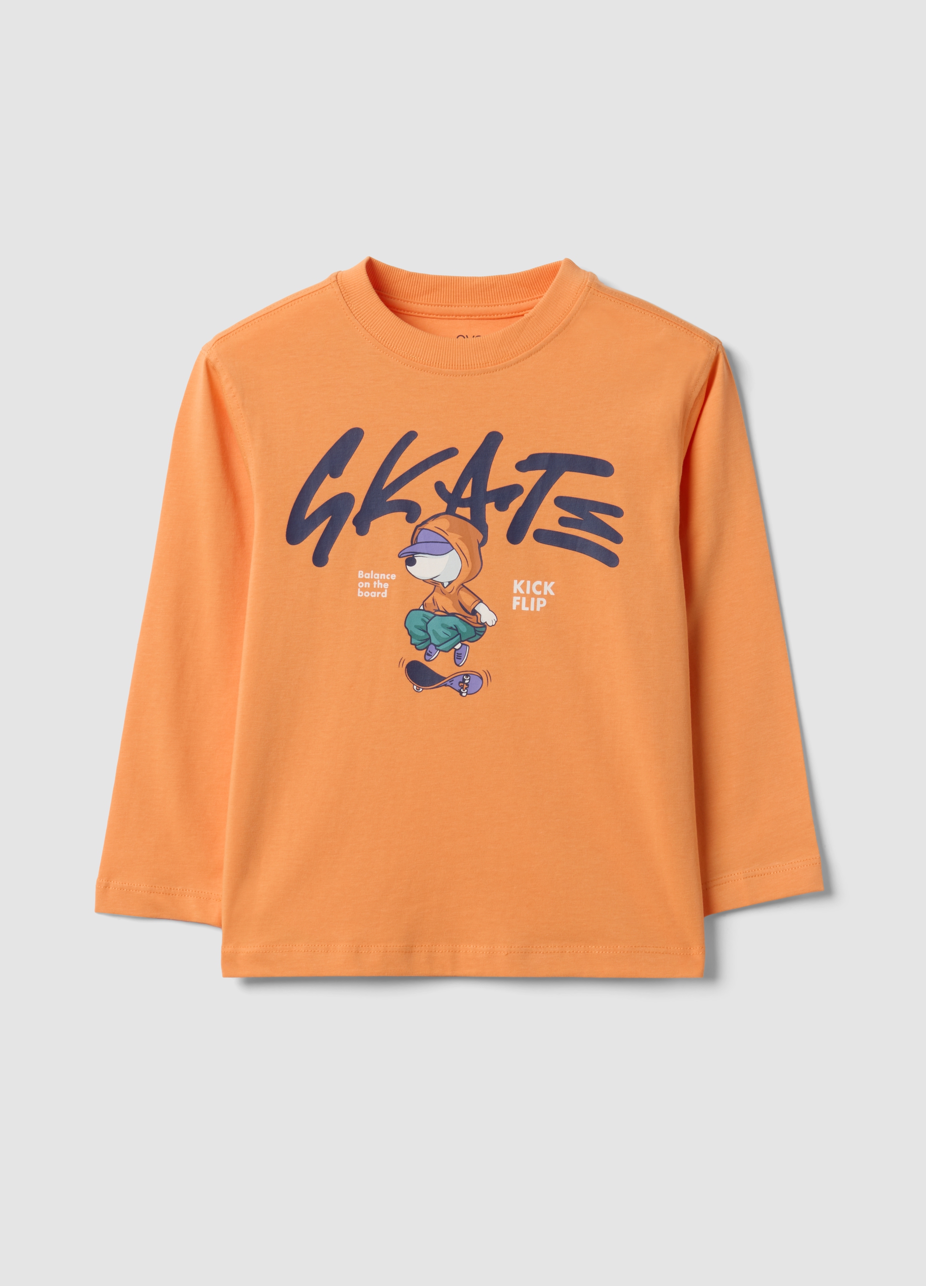OVS KIDS, T-shirt Over Fit Arancione In Puro Cotone Con Stampa Skate Per Bambino, Arancione, Taglia: 4-5