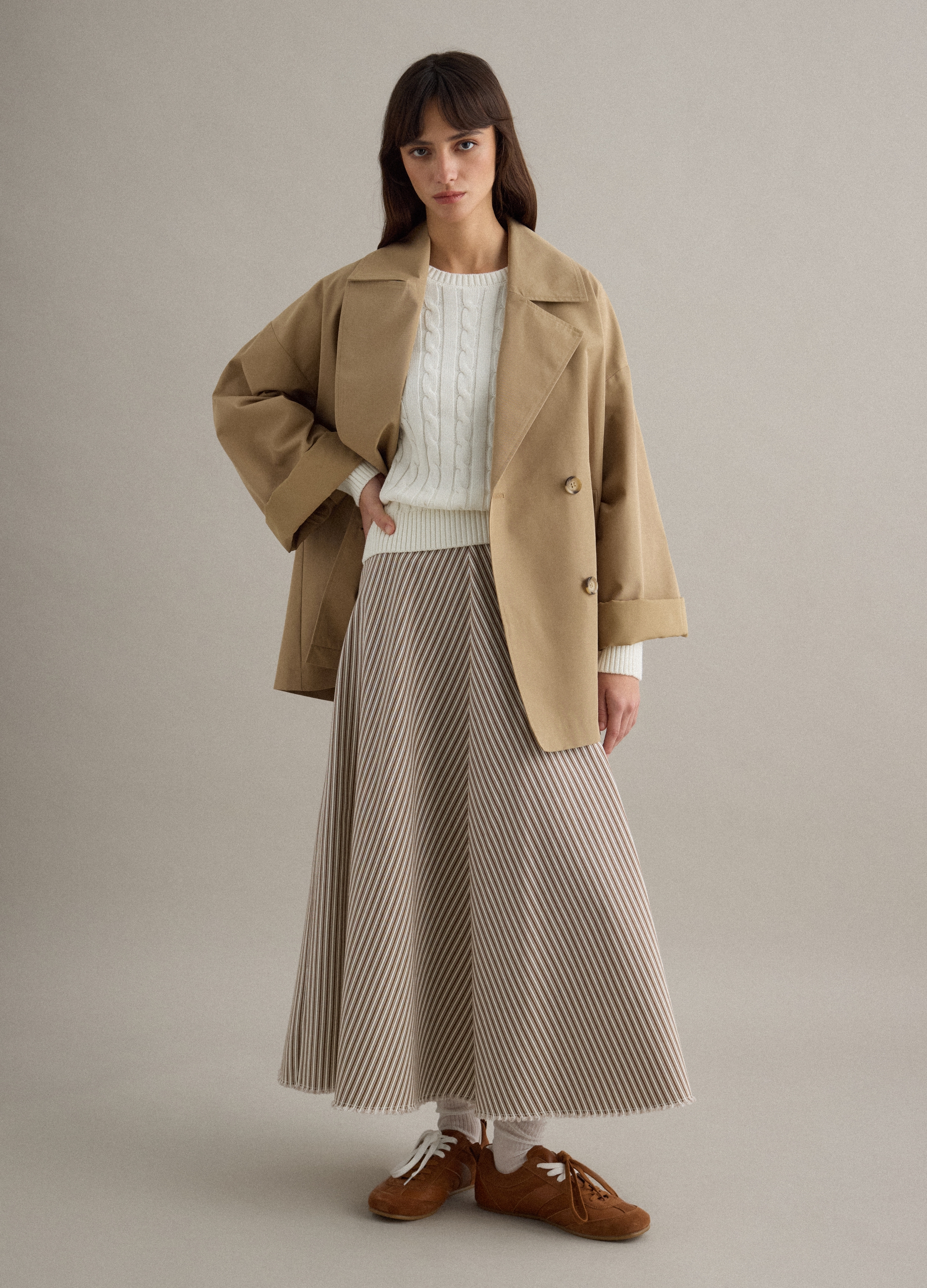 PIOMBO, Falda De Cintura Alta En Puro Algodón Con Rayas Multicolor, Mujer, Blanco/marrón, Talla: 36