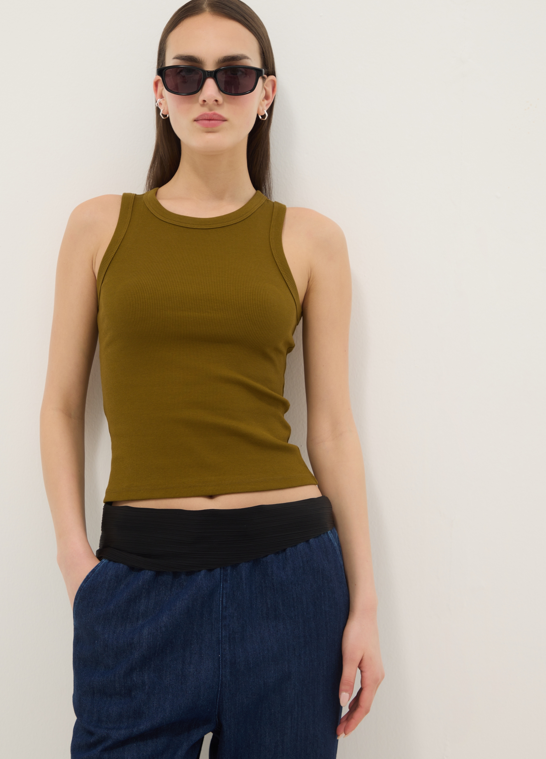 B.ANGEL, Tank Top Fitted Verde In Cotone Elasticizzato A Costine, Mujer, Verde, Talla: 36