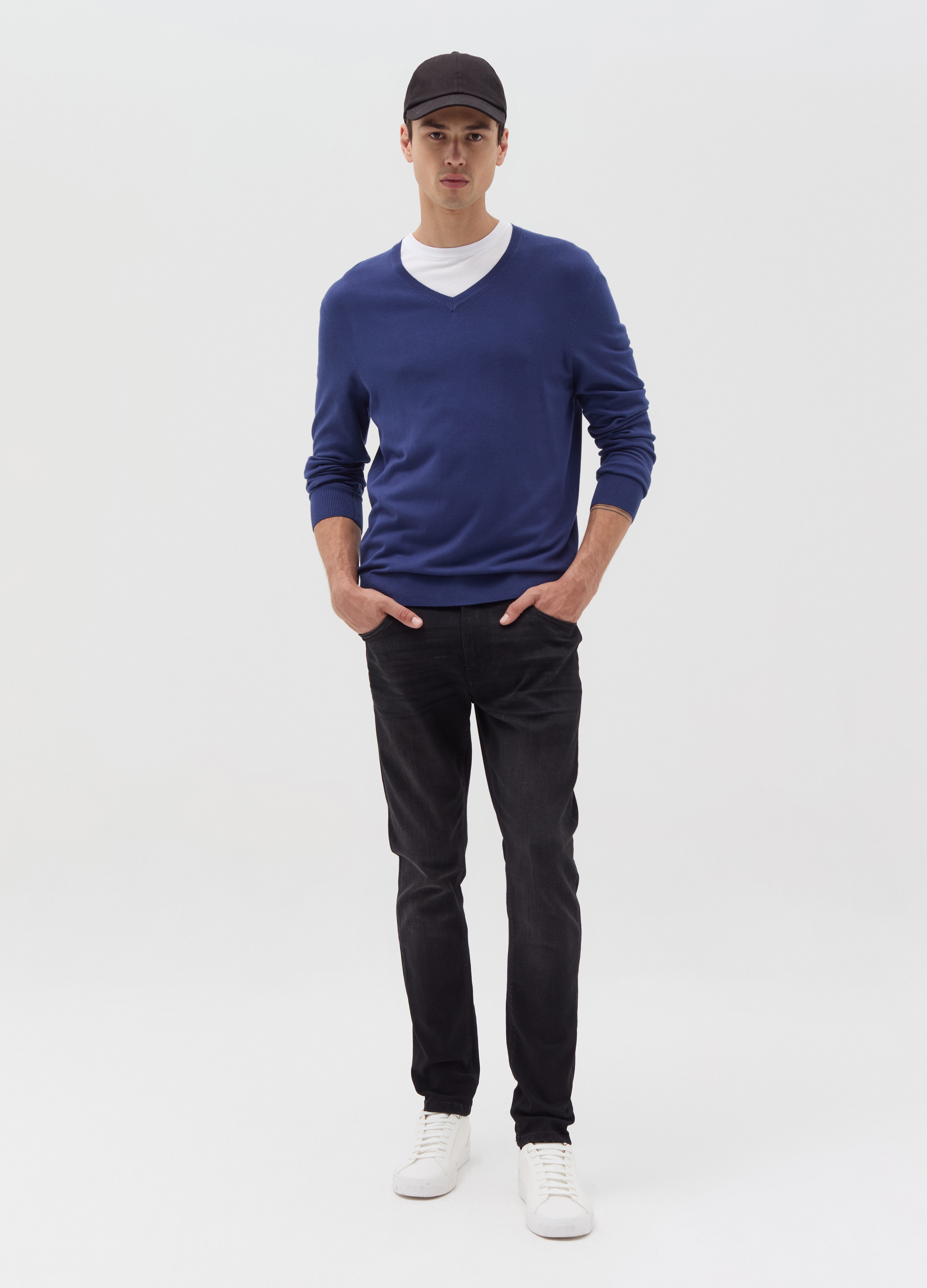 Jersey Con Cuello De Pico, Hombre, Azul vaquero, Talla: L