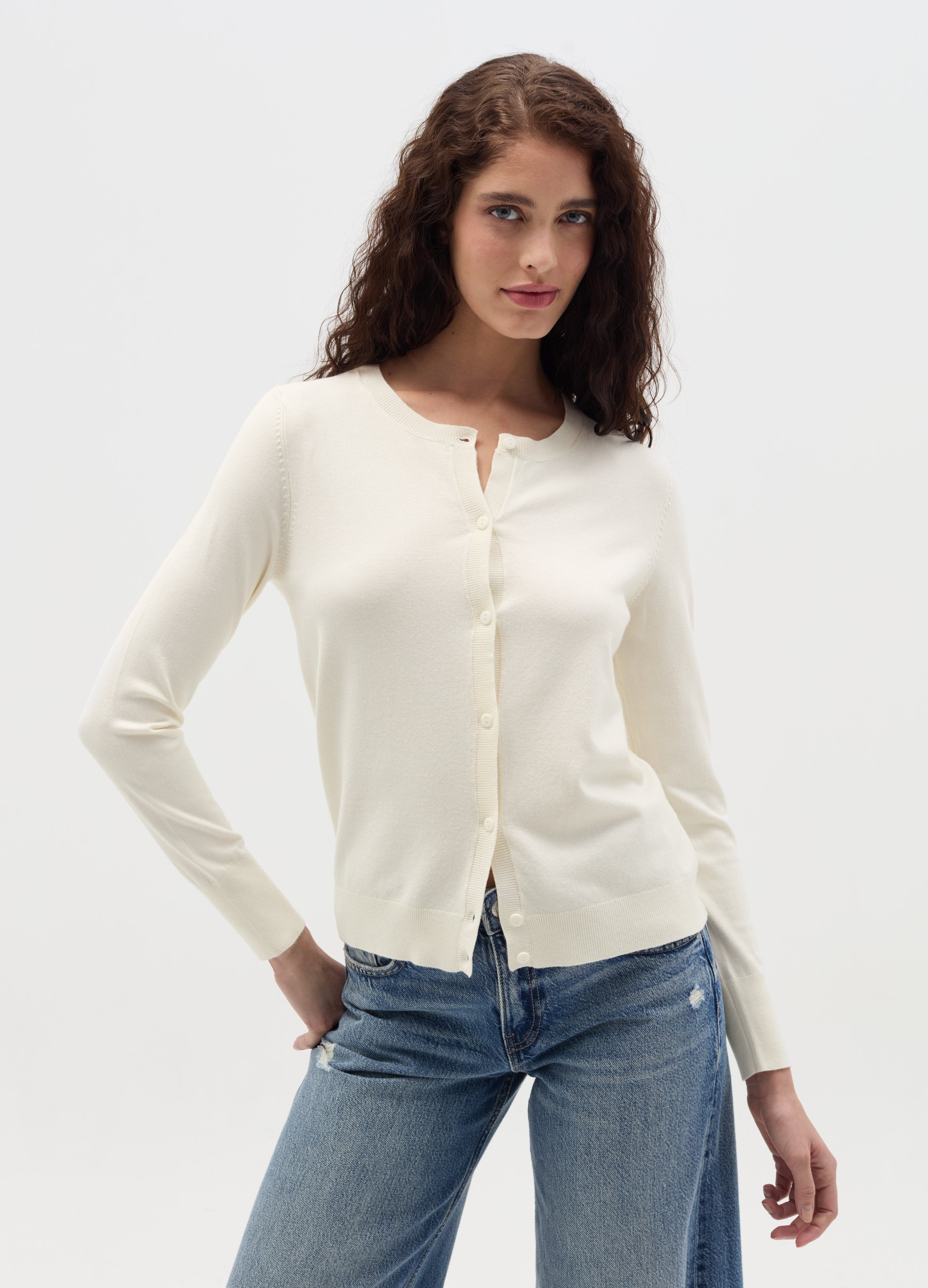 OVS , Cardigan Con Scollo Rotondo, Donna, Bianco, Taglia: S