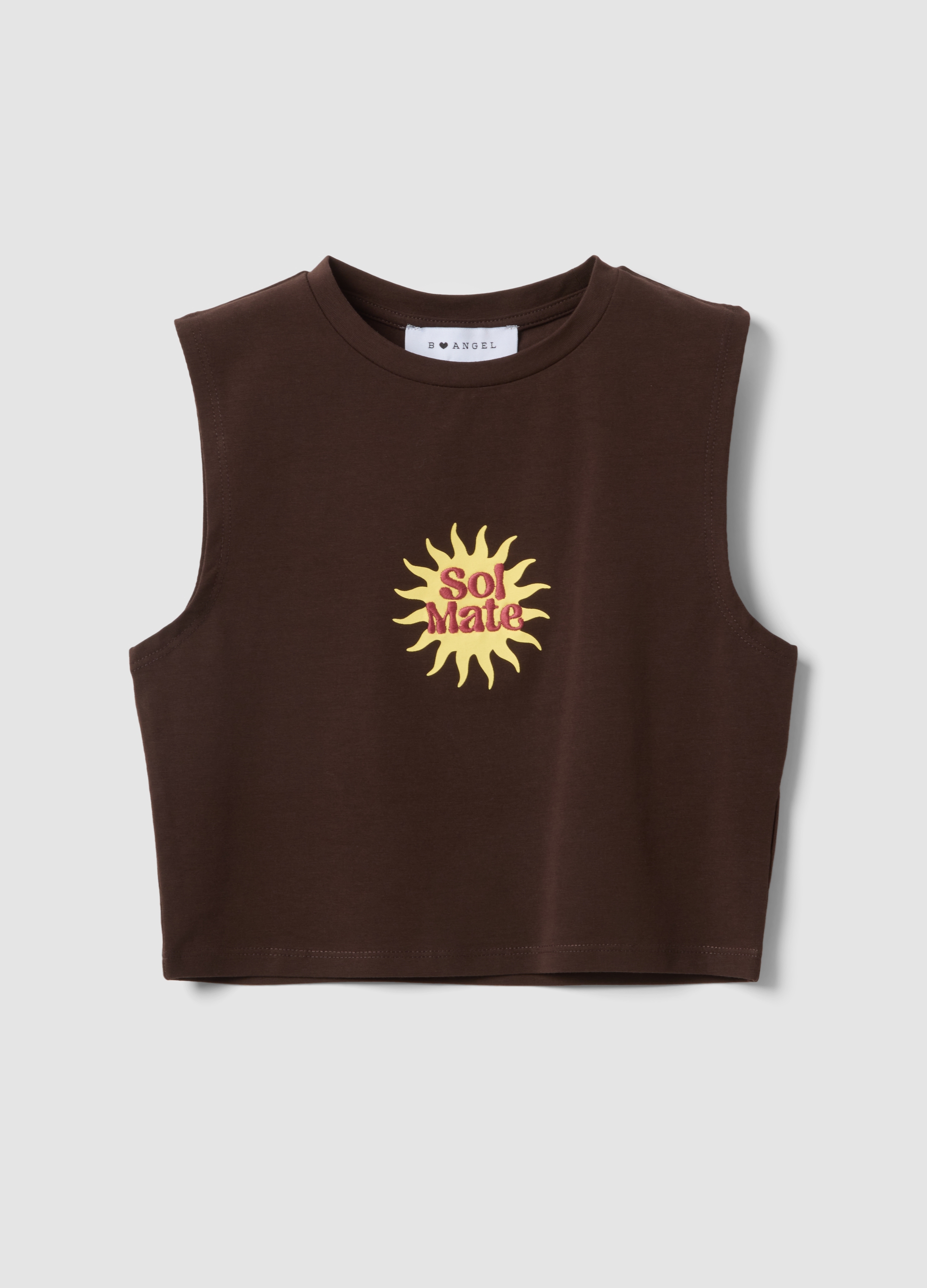 B.ANGEL, Camiseta De Tirantes Marrón De Algodón Elástico Regular Fit Con Estampado, Mujer, Marrón oscuro, Talla: 34