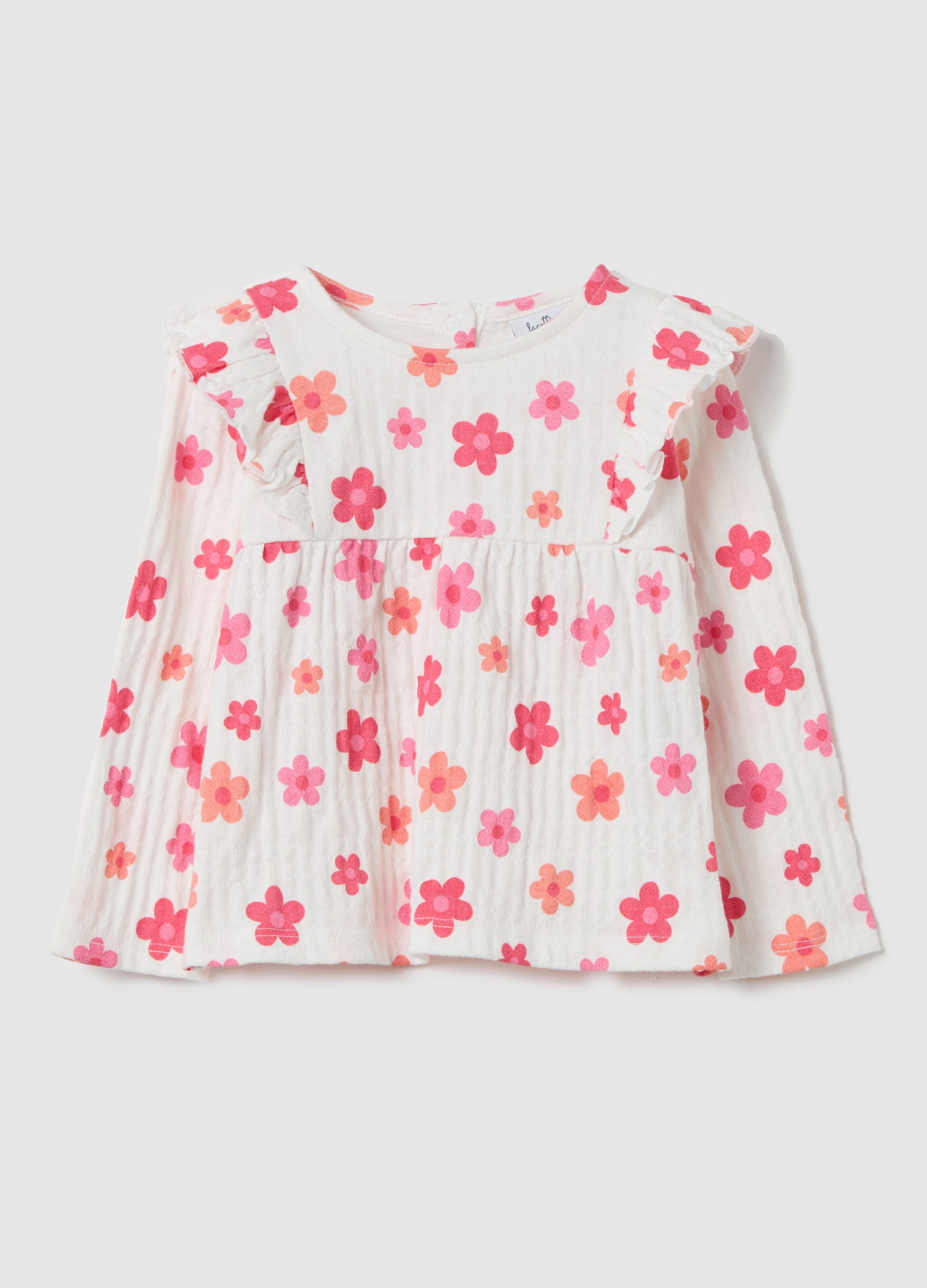 FAGOTTINO, T-shirt Maniche Lunghe Con Volant Stampa Fiori, Bambina, Bianco, Taglia: 9-12