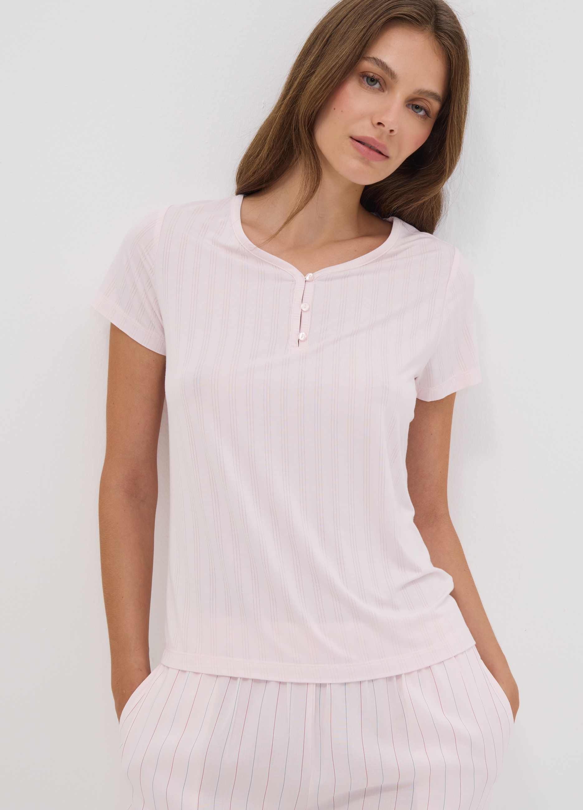 OVS, T-shirt Pigiama Rosa In Viscosa Elasticizzata Con Scollo A V, Donna, Rosa, Taglia: XXL