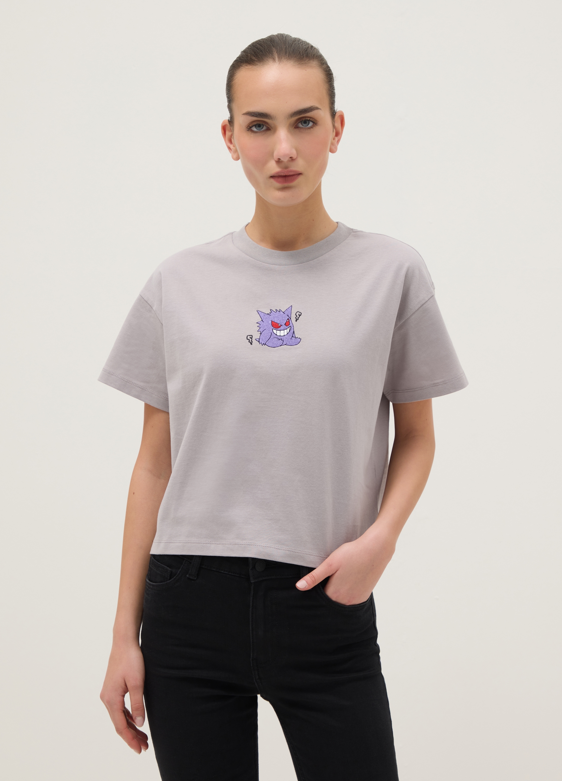 OVS, T-shirt In Puro Cotone Grigia Regular Fit Con Stampa Pokémon, Donna, Grigio, Taglia: S