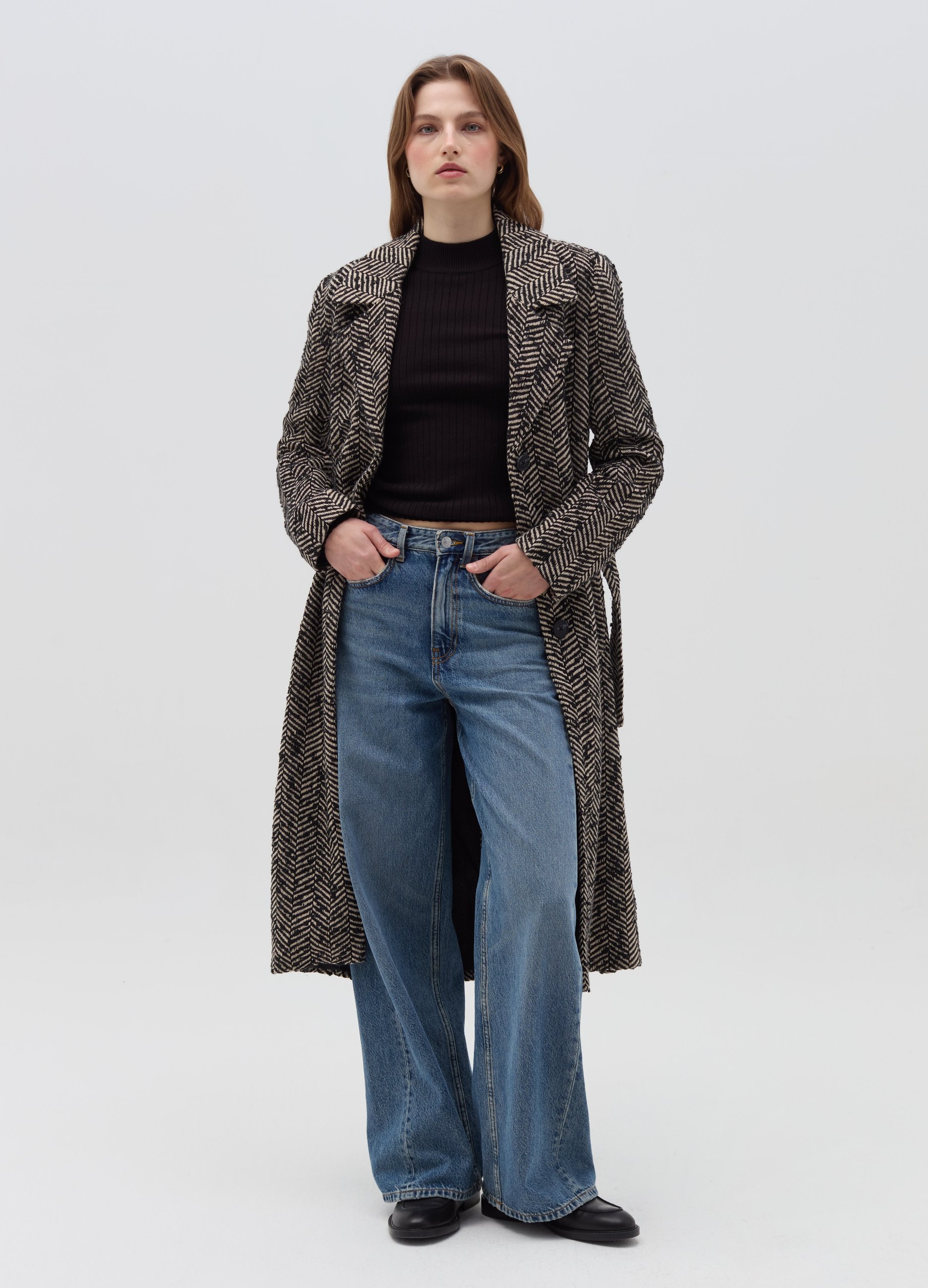 OVS, Abrigo Largo Con Estampado De Espiga, Mujer, Negro/Beige, Talla: M