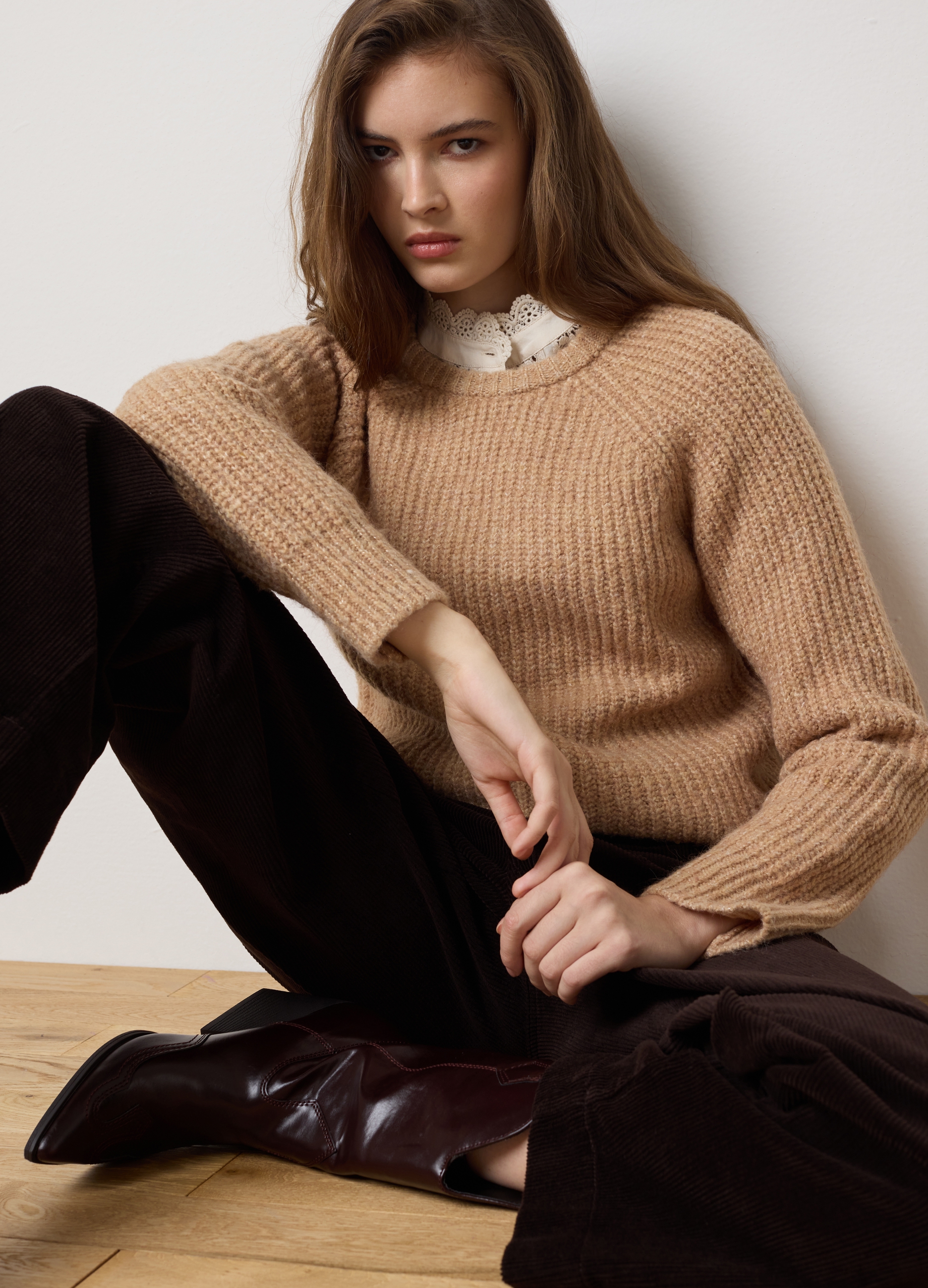 LES COPAINS, Maglione Beige A Coste Regular Fit, Donna, Beige, Taglia: M