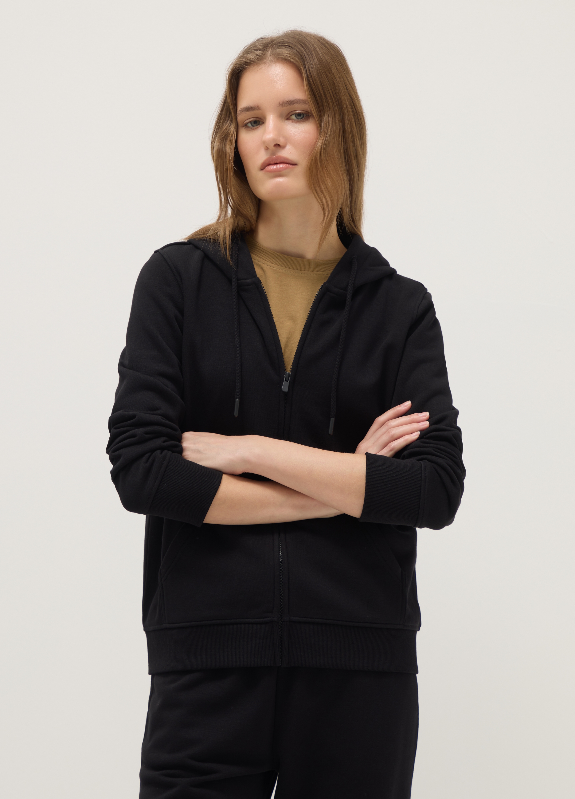 Sudadera Negra En Mezcla De Algodón Ajuste Regular Con Capucha Y Cremallera, Mujer, Gunmetal, Talla: 3XL