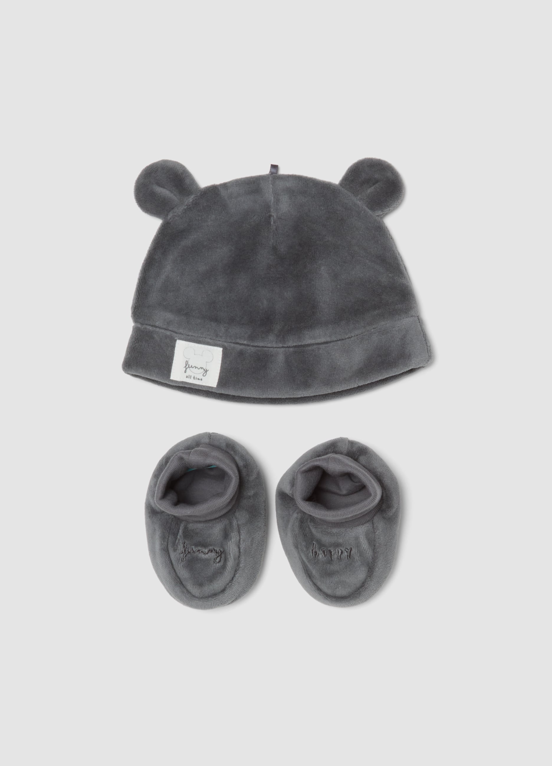 FAGOTTINO, Set Grigio Con Cappellino E Scarpine Effetto Peluche A Tema Mickey Mouse, Unisex, Grigio, Taglia: ONE SIZE