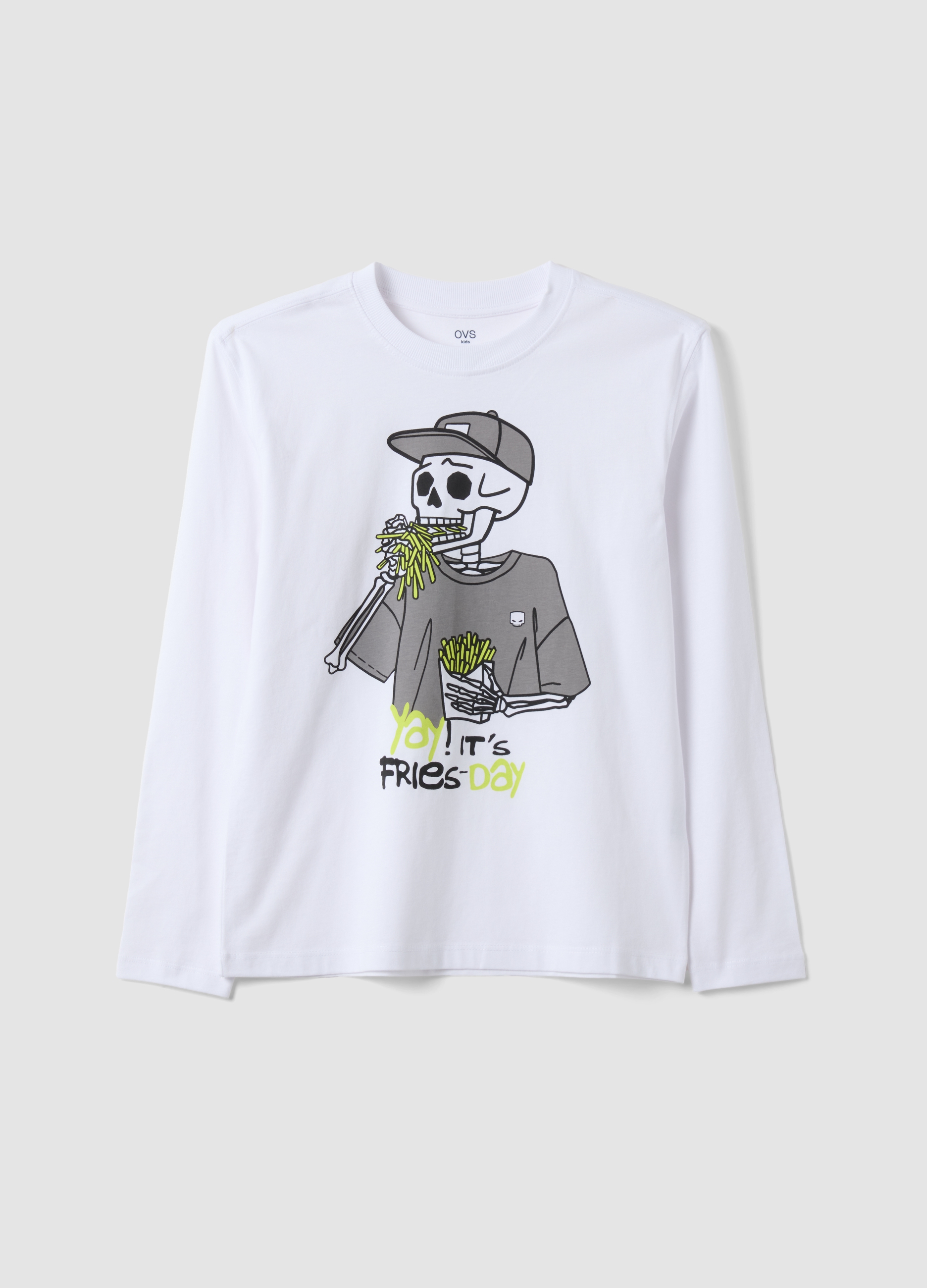 OVS KIDS, T-shirt Bianca In Puro Cotone Organico Con Stampa Scheletro Relaxed Fit, Bambino, Bianco, Taglia: 10-11