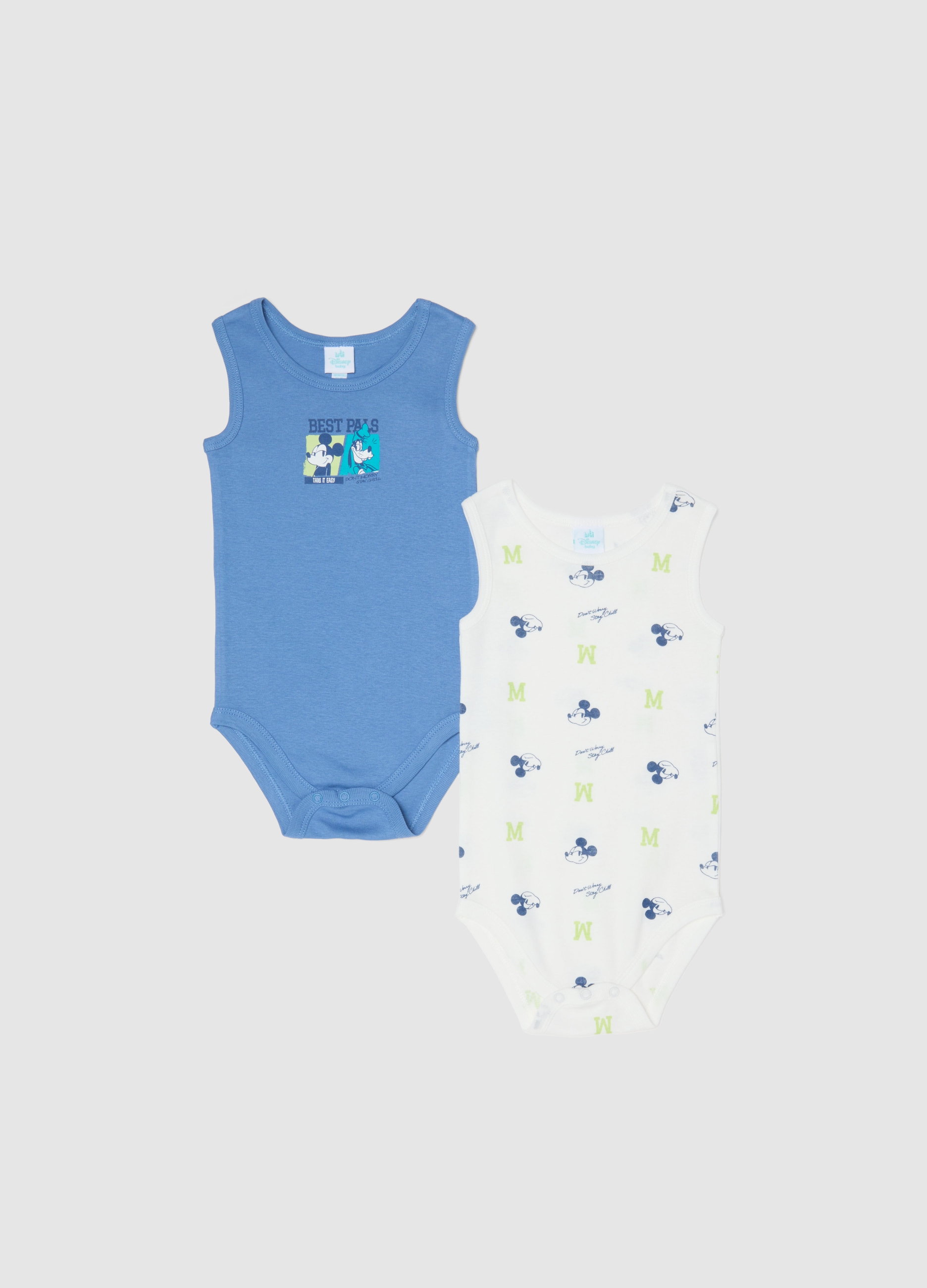 FAGOTTINO, Pack Dúo De Bodies Sin Mangas Multicolor De Algodón Puro Para Bebé Mickey Mouse, Niño, Azul/Blanco, Talla: 30-36