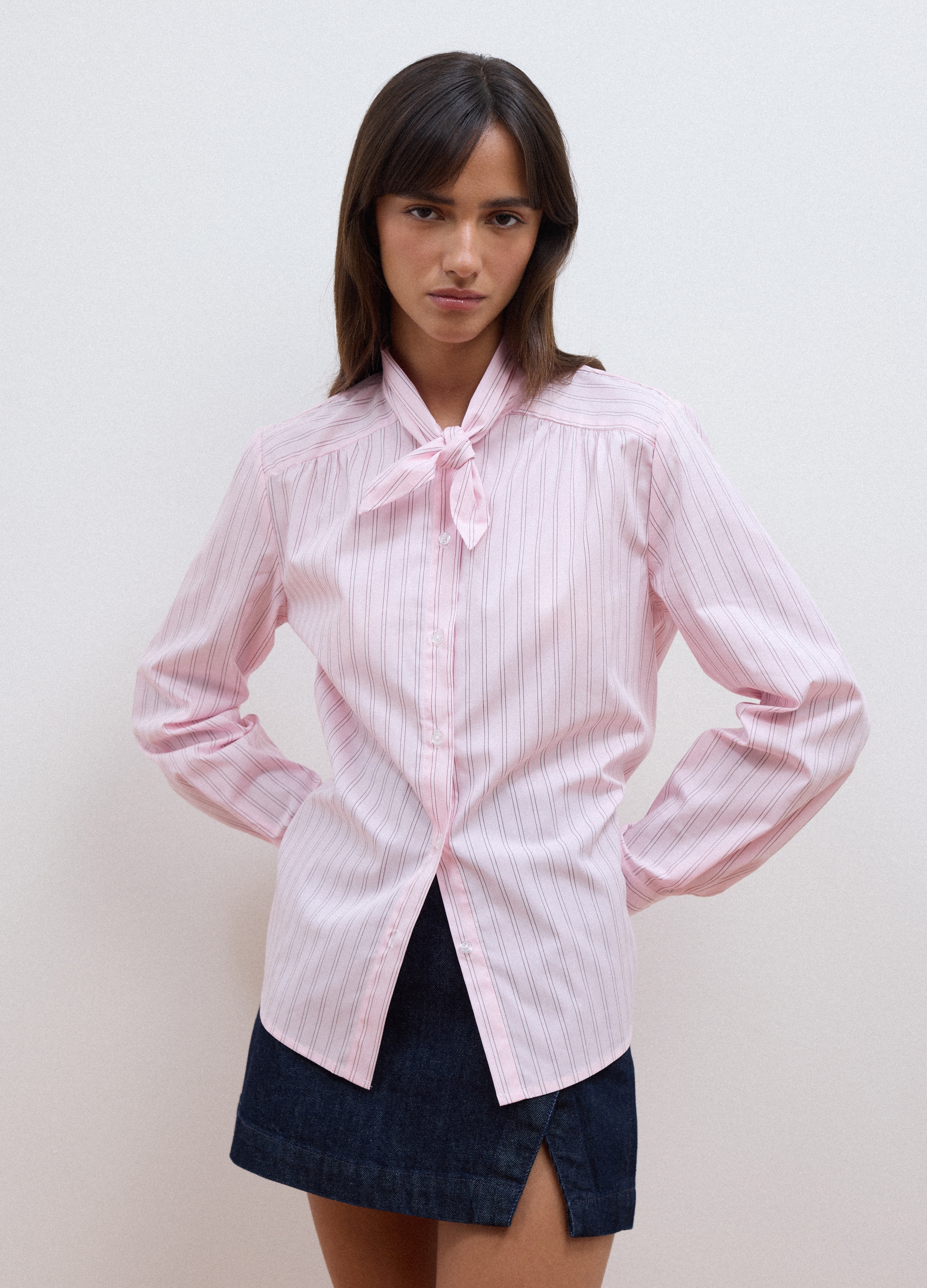 LES COPAINS, Camicia Rosa In Cotone Elasticizzato A Righe Con Fiocco Over Fit, Donna, Rosa, Taglia: M