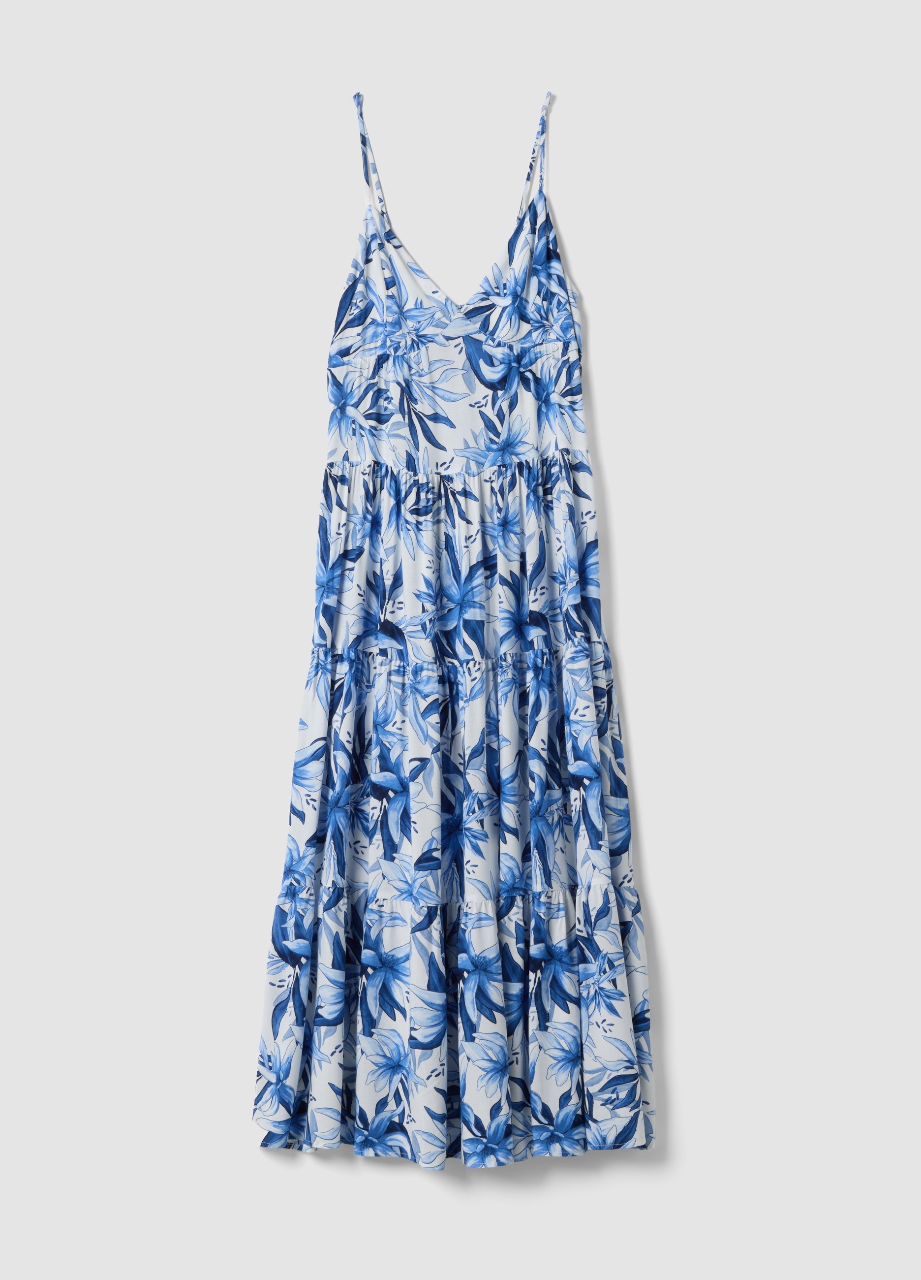 Vestido Maxi Azul Y Blanco De Viscosa Pura Con Estampado Floral, Mujer, Blanco, Talla: 36