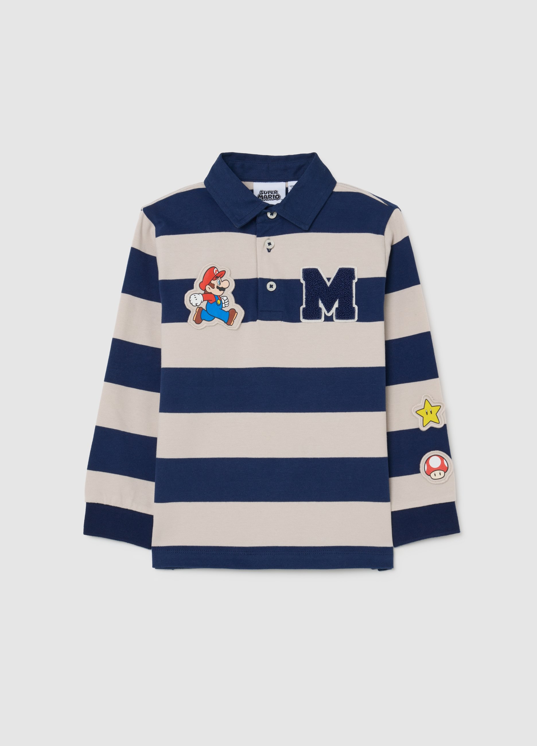 NINTENDO, Polo De Rayas Multicolor Para Niño En Algodón Puro Ajuste Regular, Niño, Azul/beige, Talla: 5-6