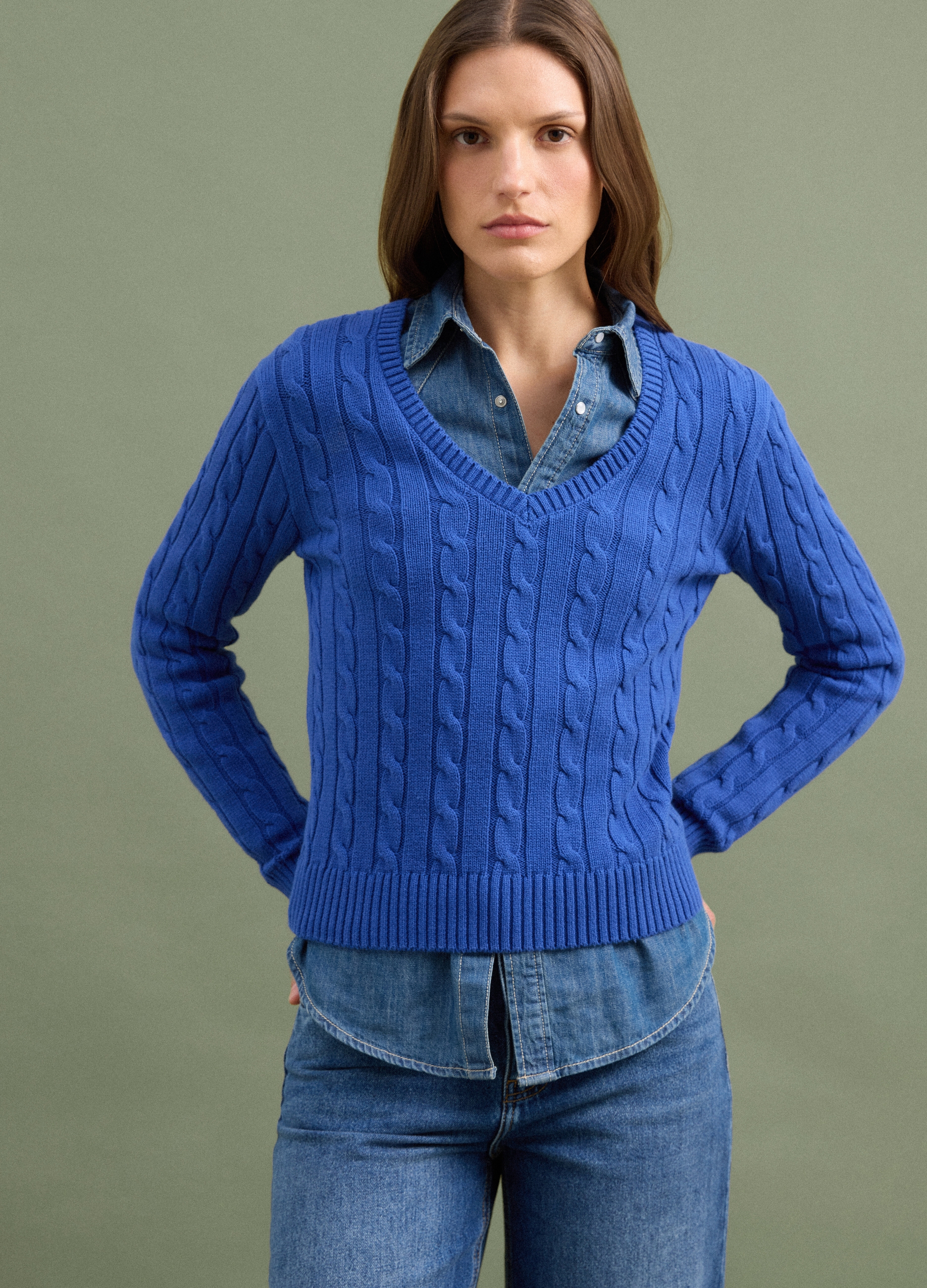 PIOMBO, Maglia Blu In Puro Cotone A Trecce Con Scollo Profondo A V, Donna, Blu, Taglia: XL