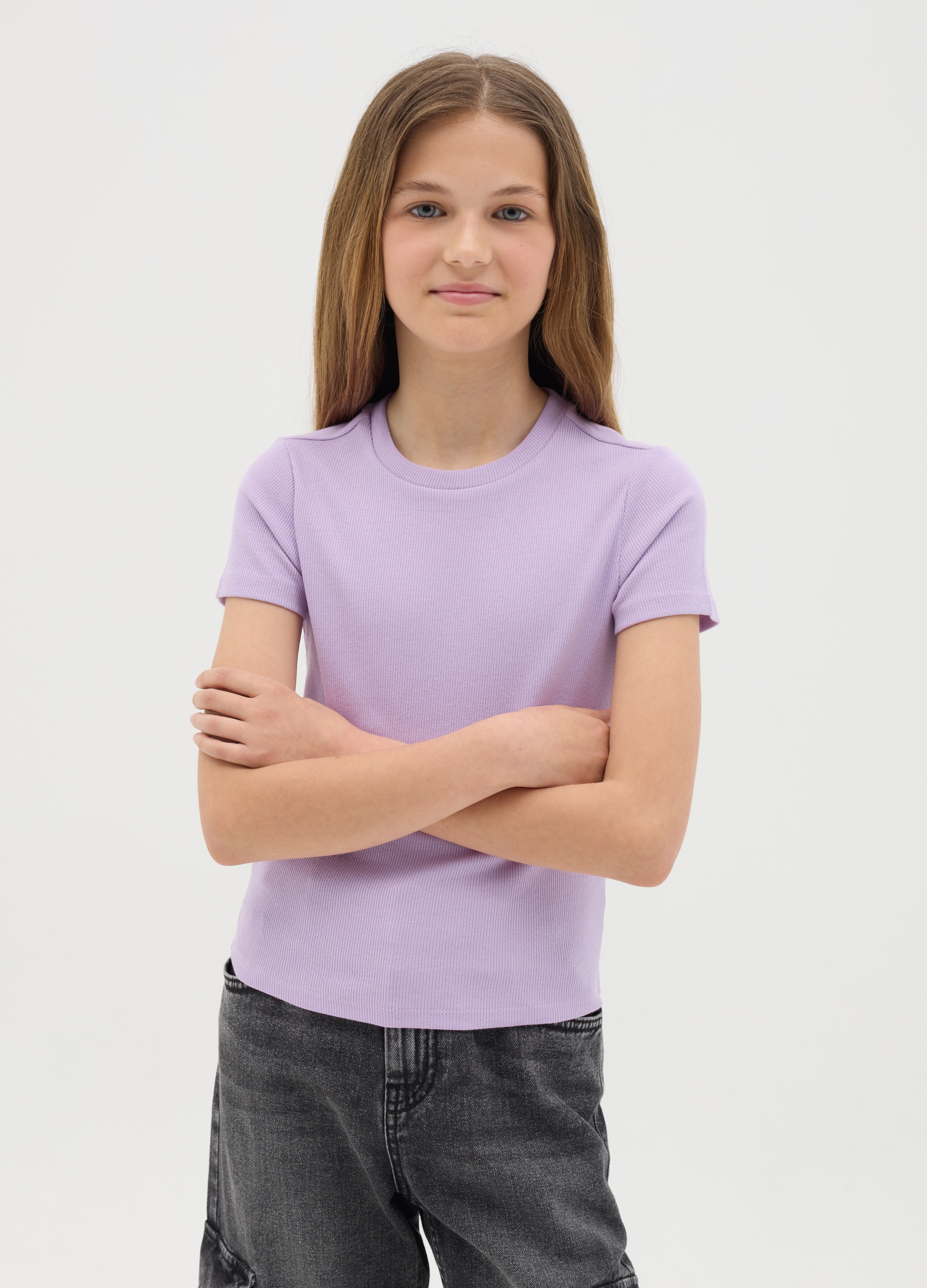 OVS, T-shirt Da Ragazza In Cotone Elasticizzato Viola Fitted, Bambina, Viola, Taglia: 10-11