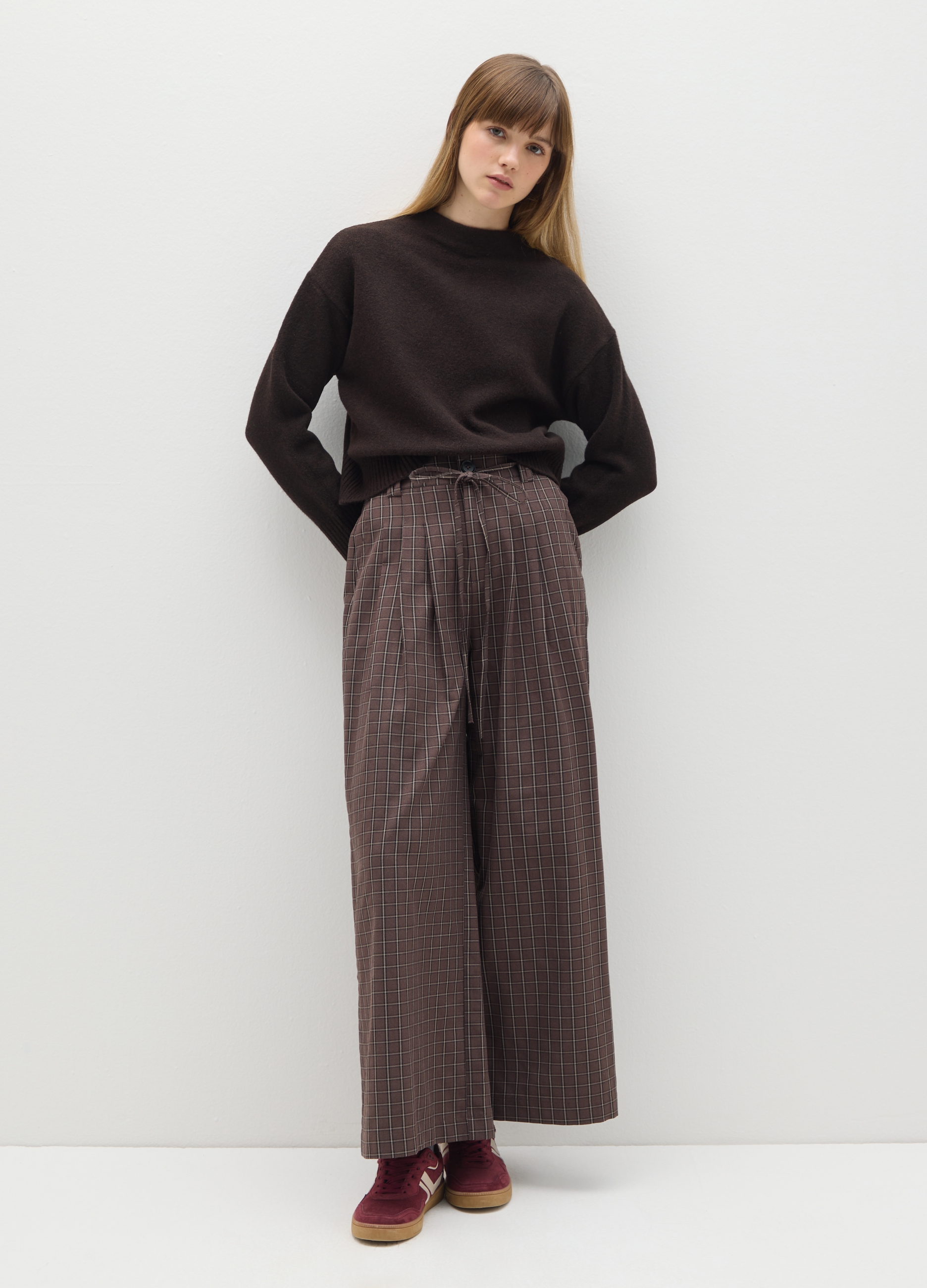 B.ANGEL, Pantalones Marrones De Cuadros Anchos, Mujer, Marrón, Talla: 36