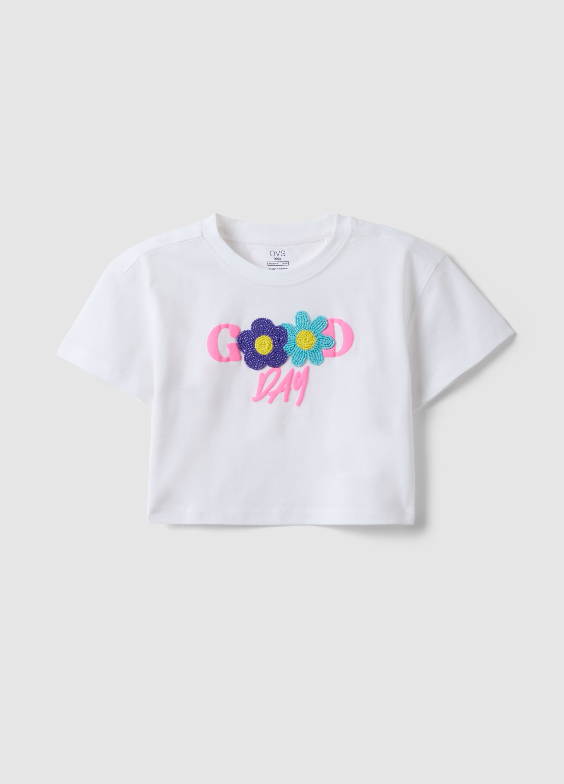 OVS KIDS, Camiseta Blanca De Algodón Puro Para Niña Fit Boxy Con Flores De Perlas, Niña, Blanco óptico, Talla: 5-6