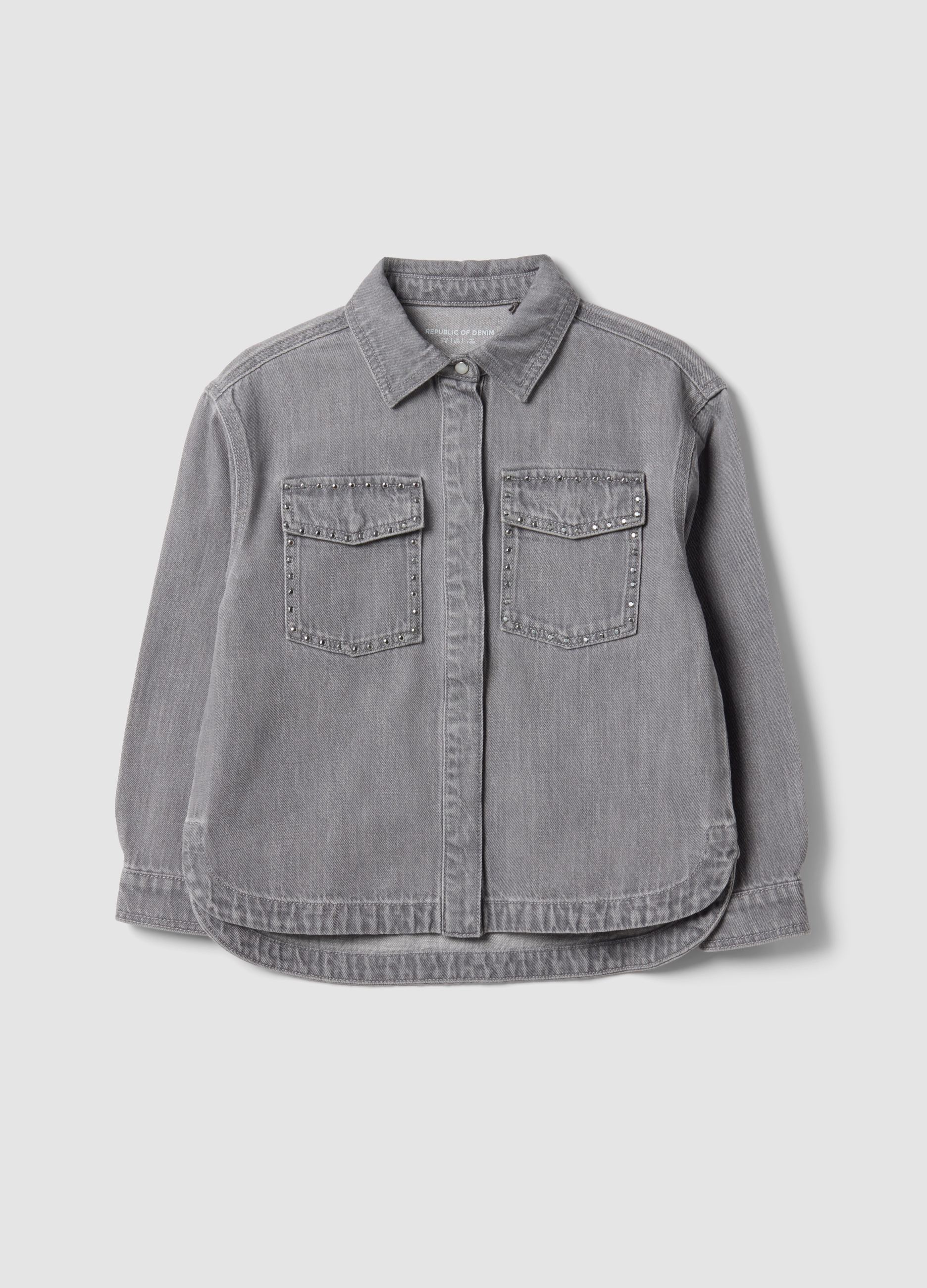 REPUBLIC OF DENIM, Camicia Over Grigia In Puro Cotone Con Borchie Per Bambina, Grigio, Taglia: 5-6