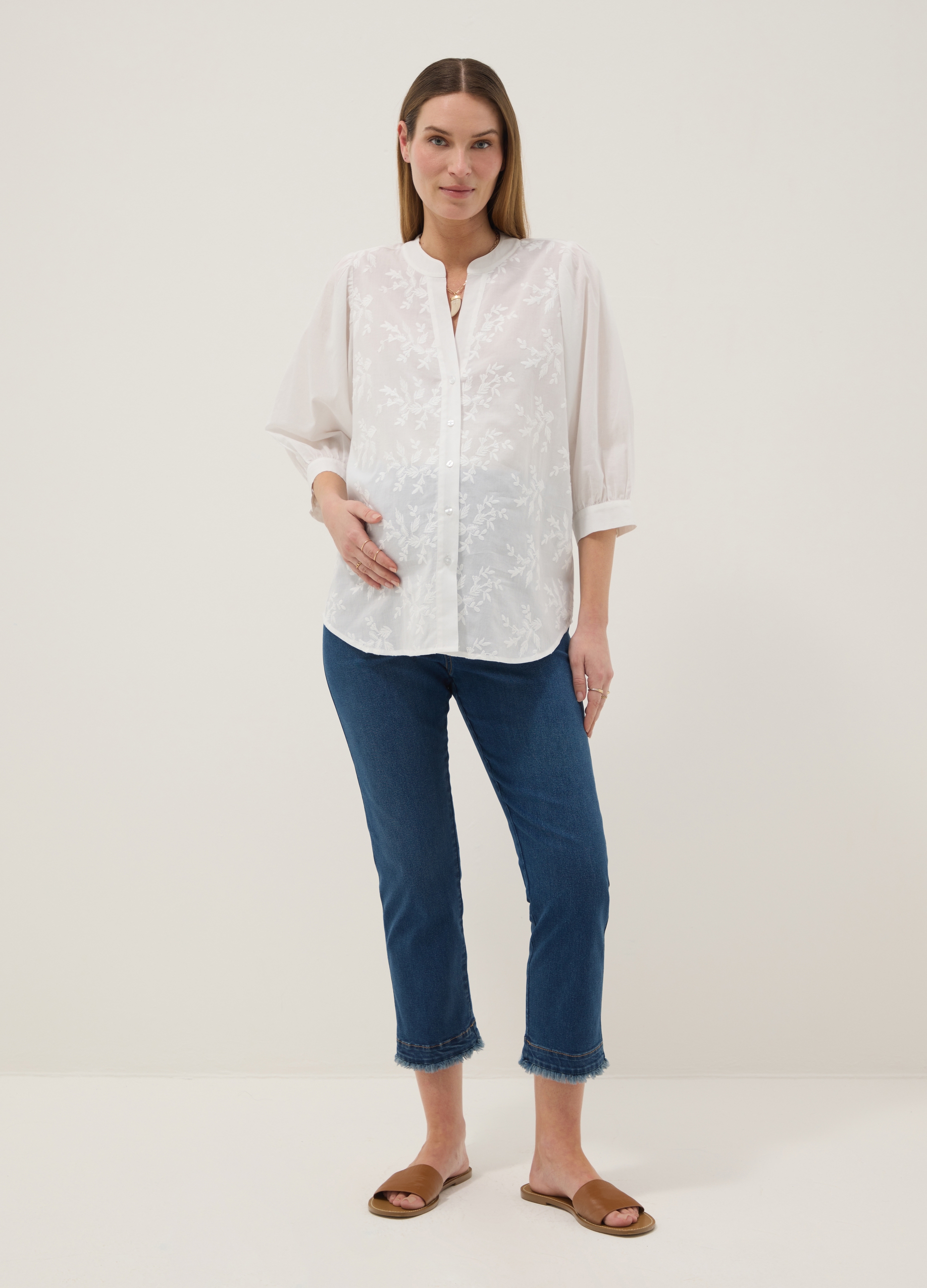 NICOL CARAMEL, Camicia Premaman Bianca In Puro Cotone Con Collo Alla Coreana, Donna, Bianco, Taglia: 48