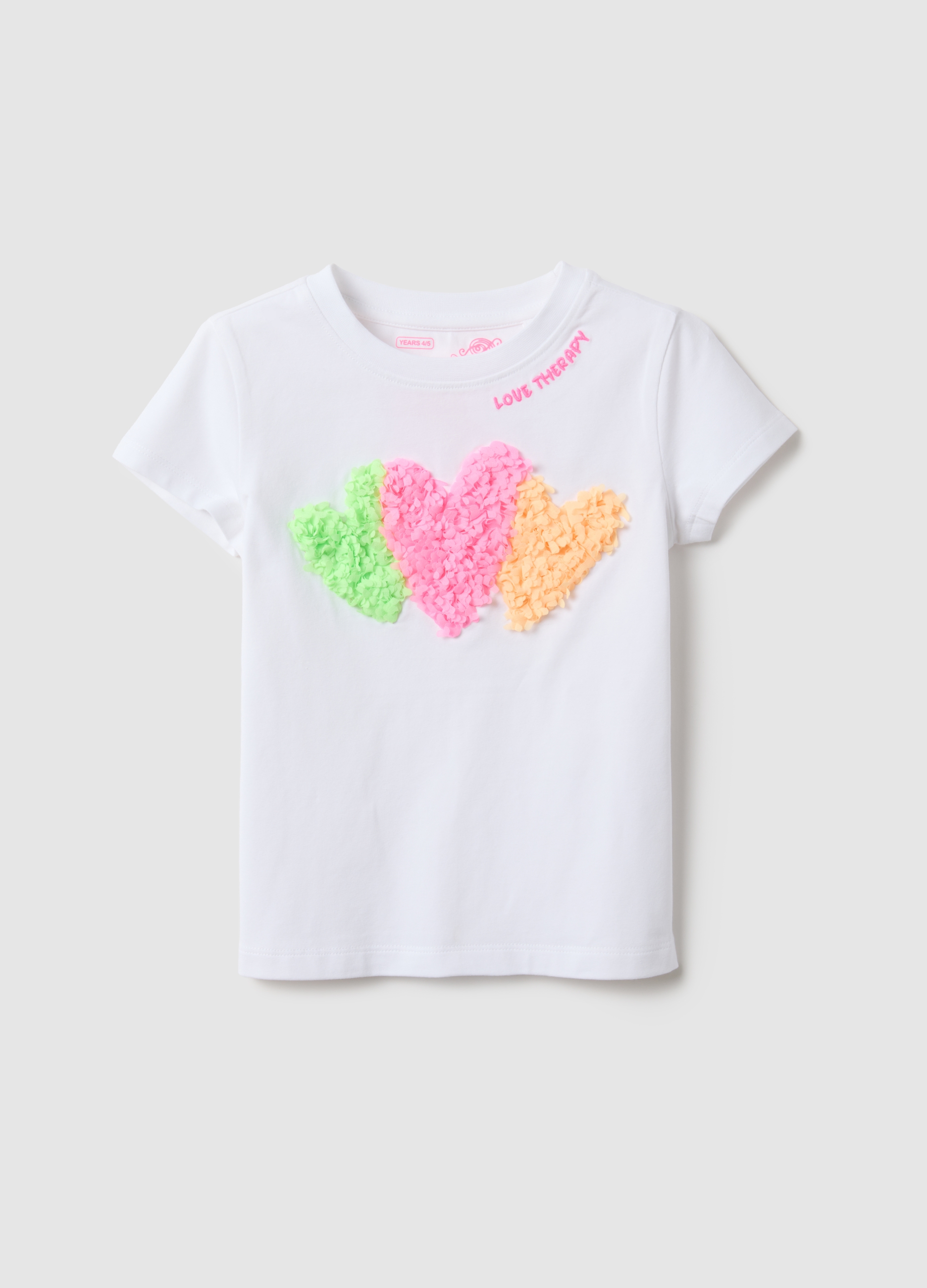 LOVE THERAPY, Camiseta Blanca De Algodón Elástico Para Niña, Ajuste Regular Con Corazones, Niña, Blanco óptico, Talla: 4-5