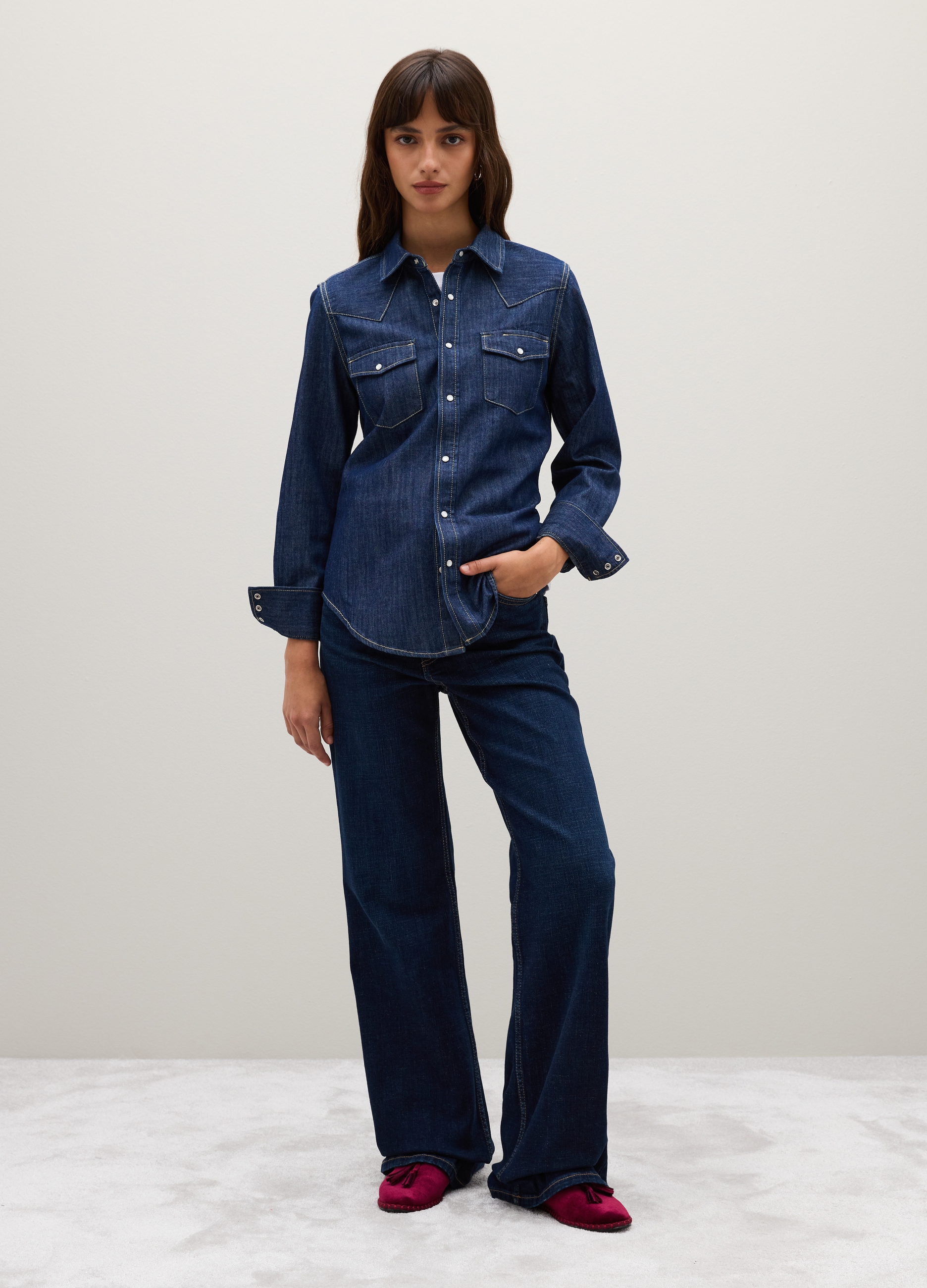 PIOMBO, Camicia Blu Jeans In Puro Cotone Con Maniche Lunghe, Donna, Blu, Taglia: L