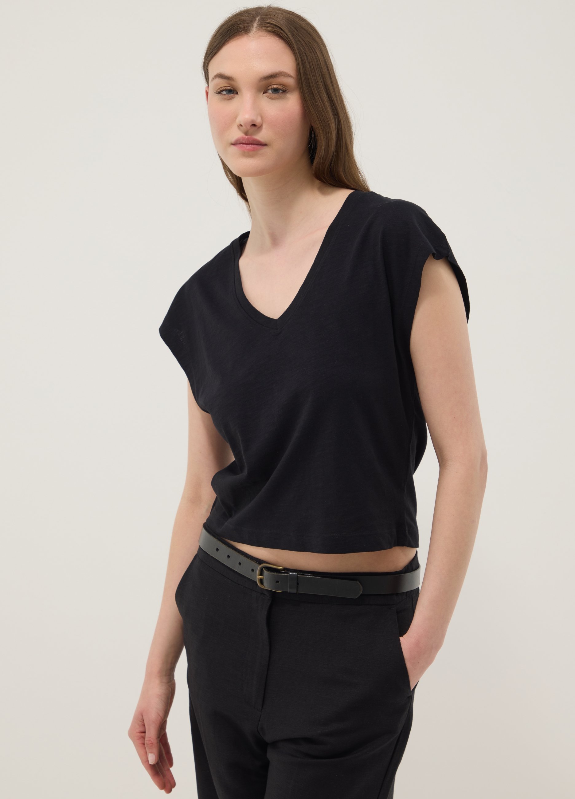 T-shirt Blu In Puro Cotone Con Scollo A V, Mujer, Negro, Talla: 36