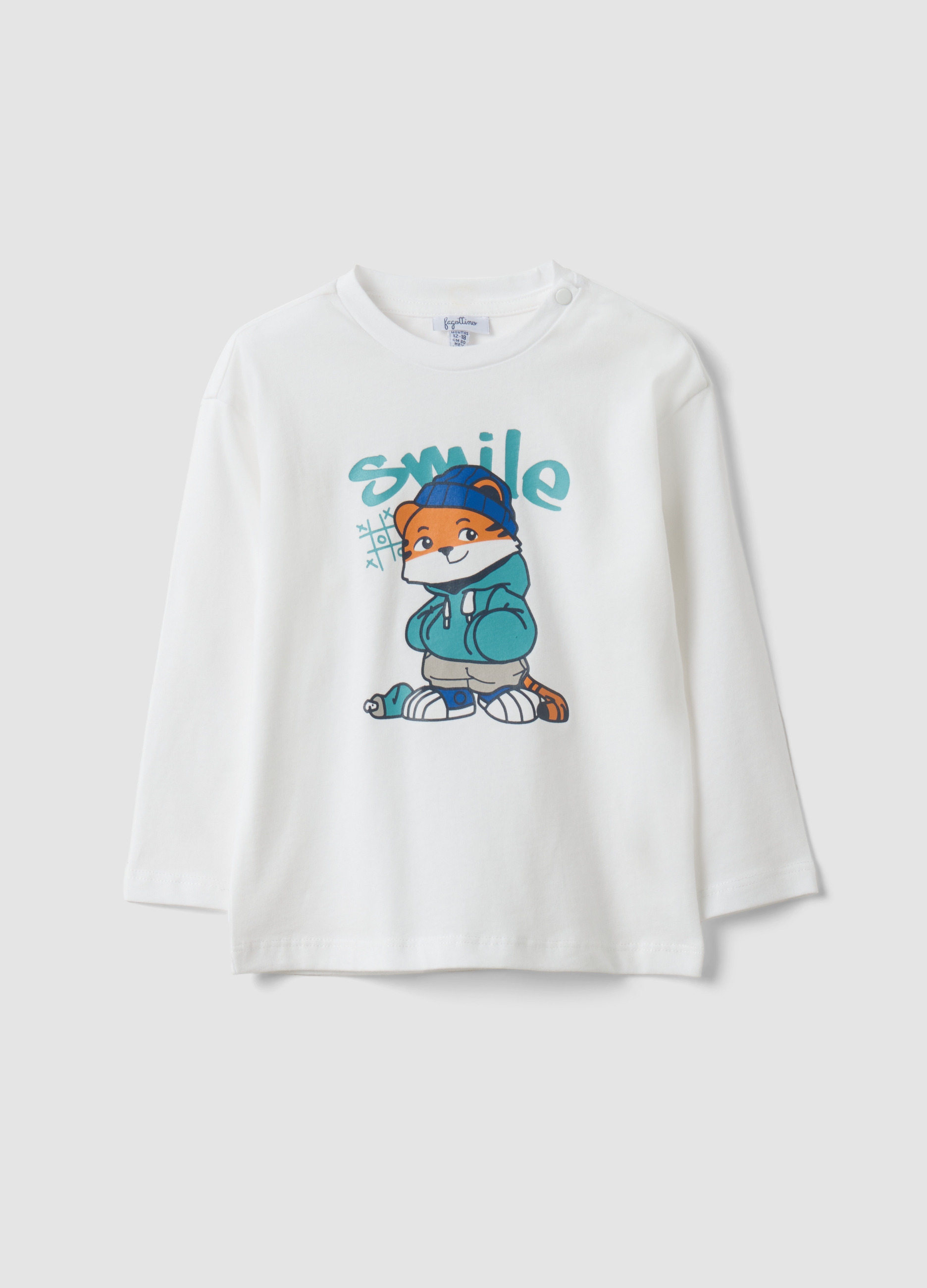 FAGOTTINO, T-shirt Over Fit Bianca In Puro Cotone Organico Con Stampa Tigre Per Bimbo, Bambino, Bianco, Taglia: 9-12