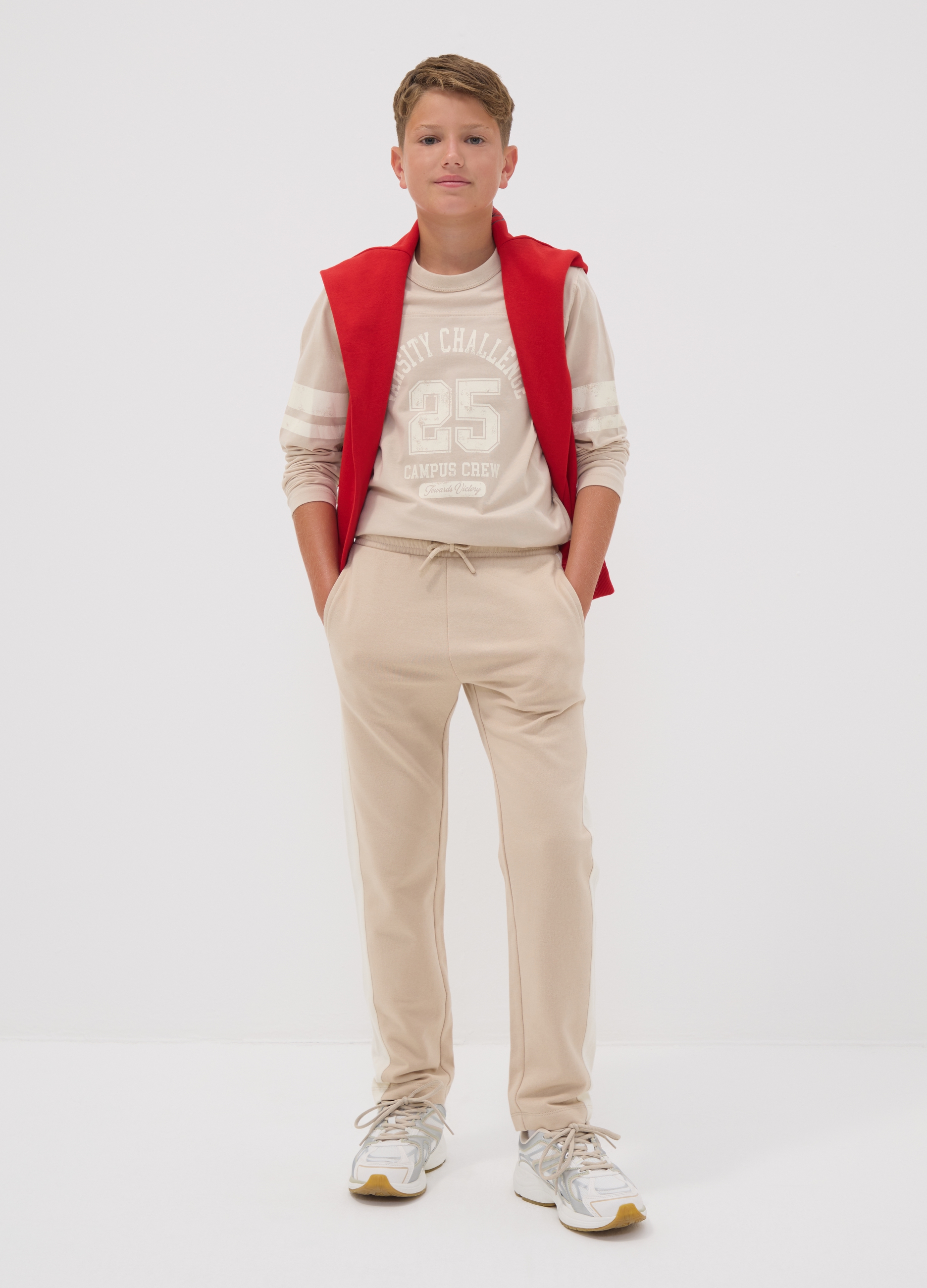 OVS KIDS, Pantaloni Jogger Beige In Puro Cotone Con Bande Laterali Per Ragazzo, Bambino, Beige, Taglia: 10-11
