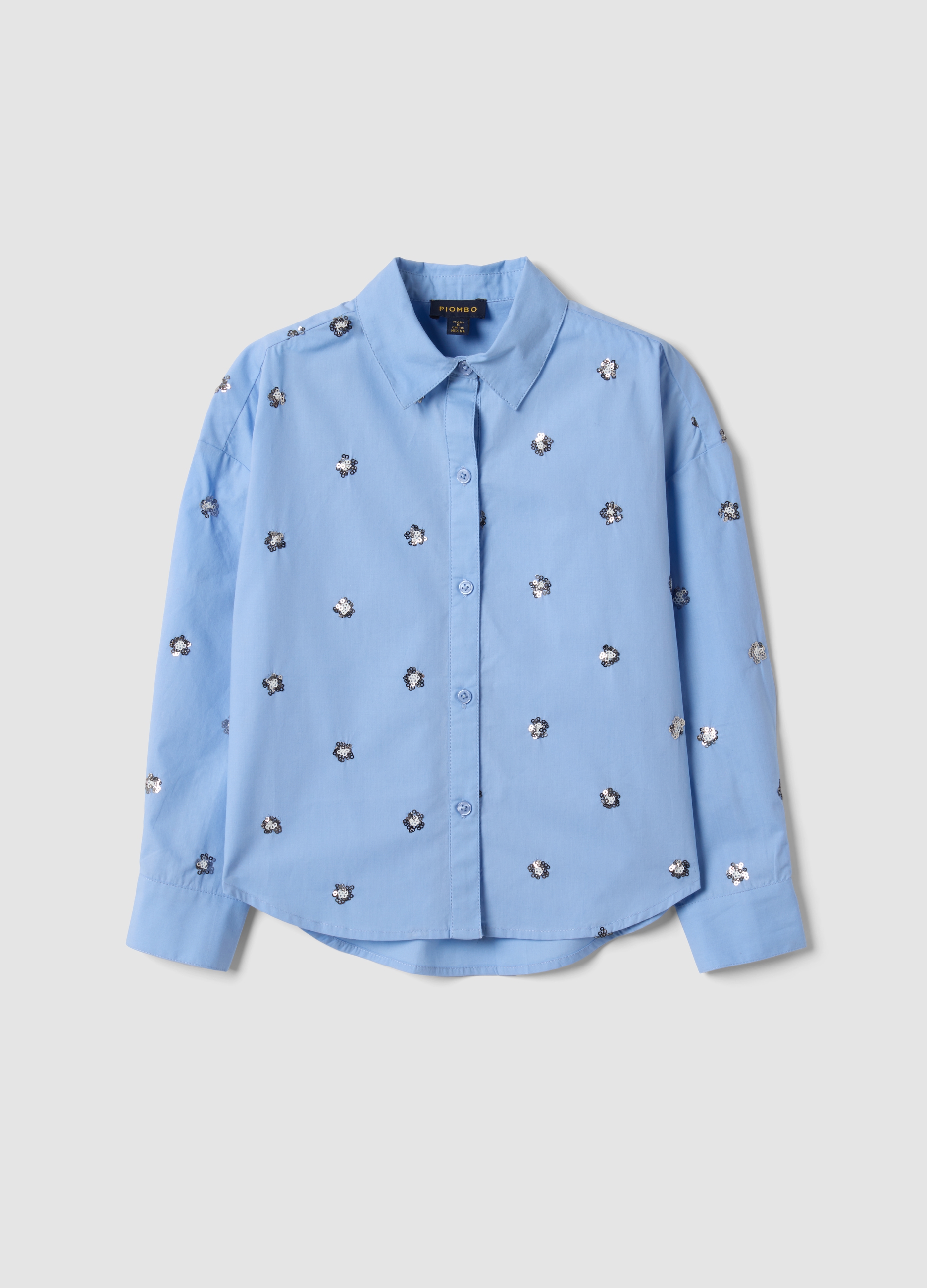 PIOMBO KIDS, Camicia Over Azzurra In Puro Cotone Con Paillettes A Fiore, Bambina, Azzurro, Taglia: 12