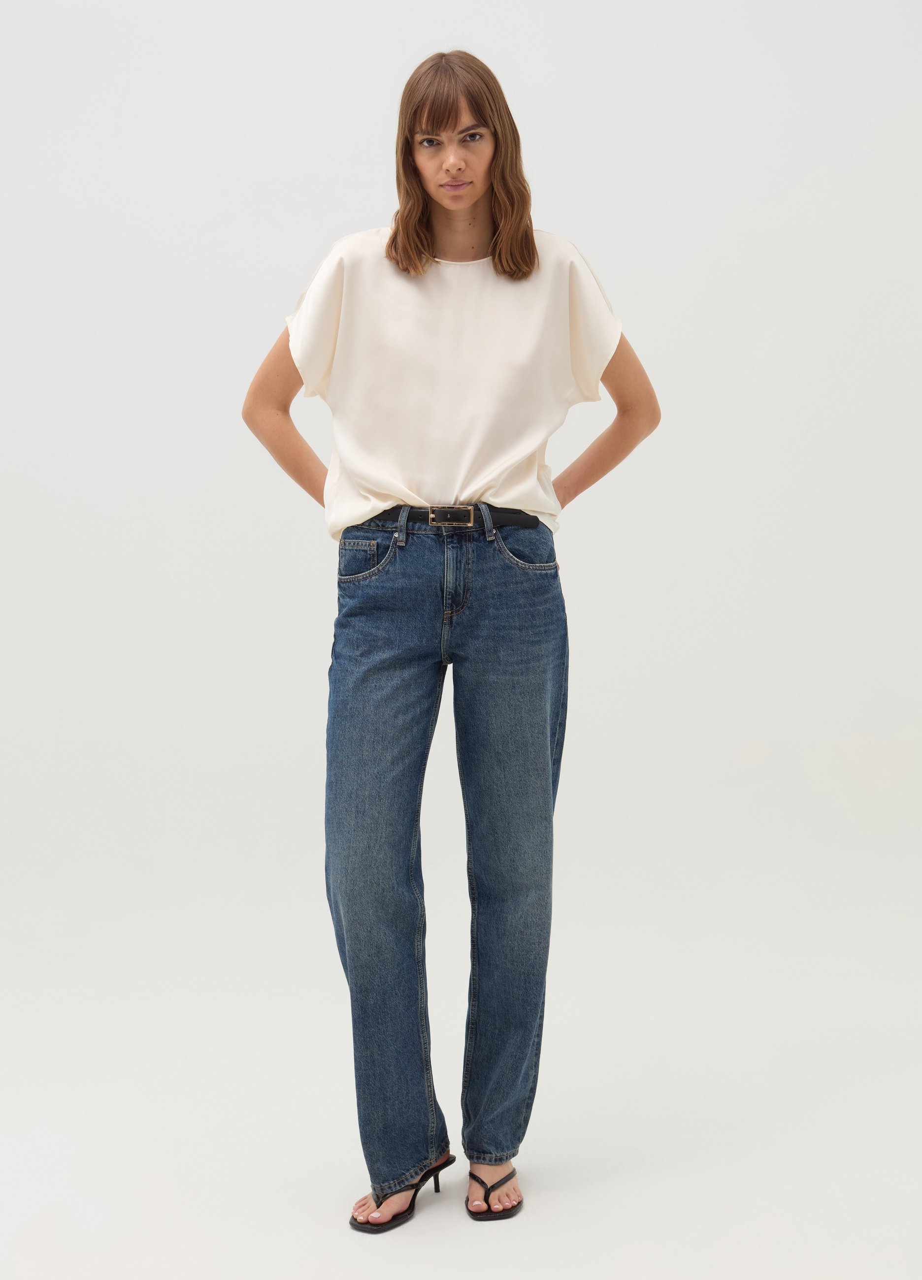 OVS, Blusa In Satin Con Maniche A Kimono, Donna, Bianco, Taglia: L