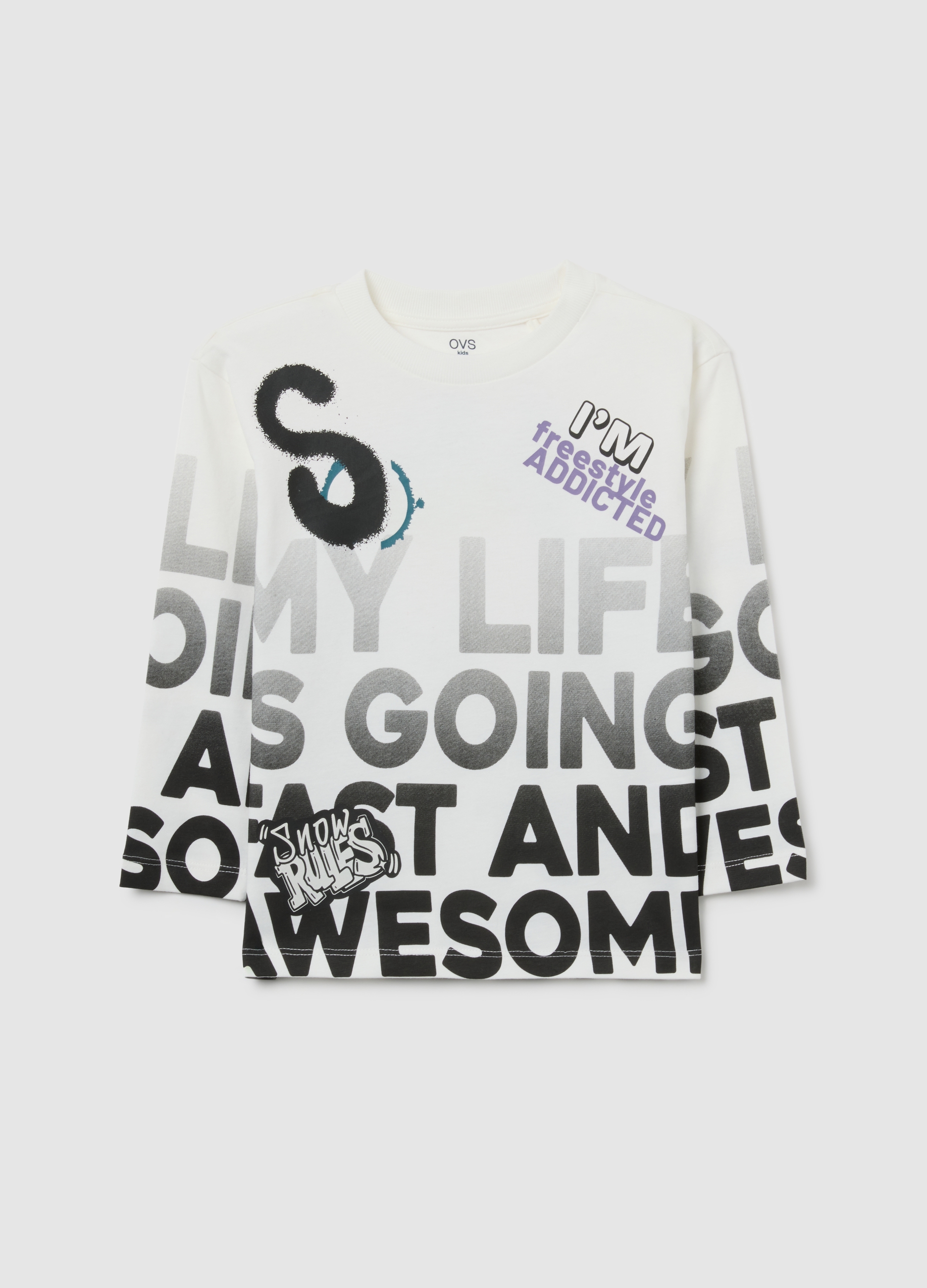 OVS KIDS, Jersey Infantil De Algodón Puro Multicolor Con Cuello Redondo Y Estampado, Niño, Blanco/negro, Talla: 6-7