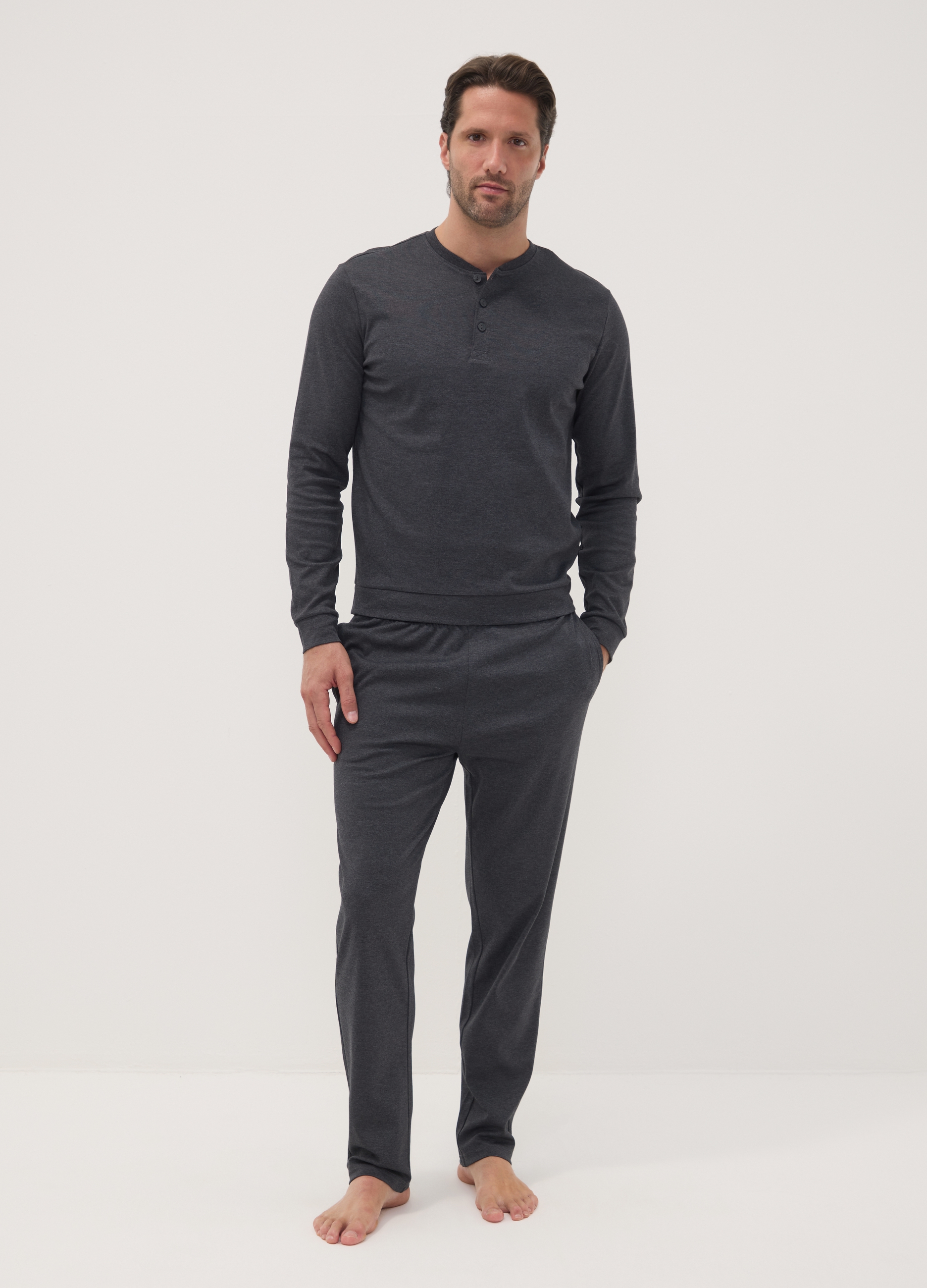 OVS, Pigiama Grigio In Puro Cotone Organico Con Collo Serafino, Uomo, Grigio, Taglia: M