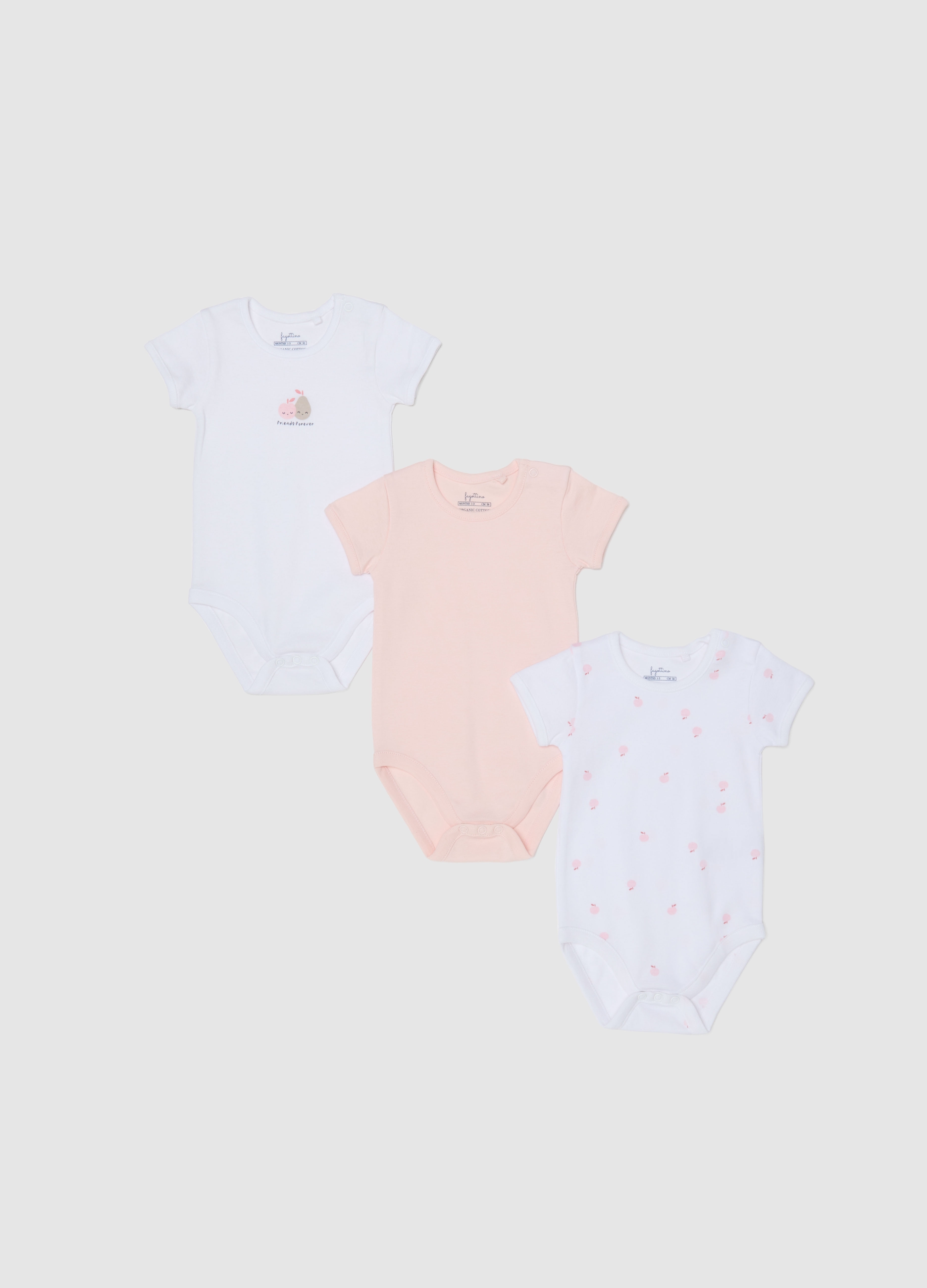 FAGOTTINO, Tripack De Bodys Multicolor En Puro Algodón Para Bebés Con Frutas, Bebé Niña, Blanco/rosa, Talla: 6-9
