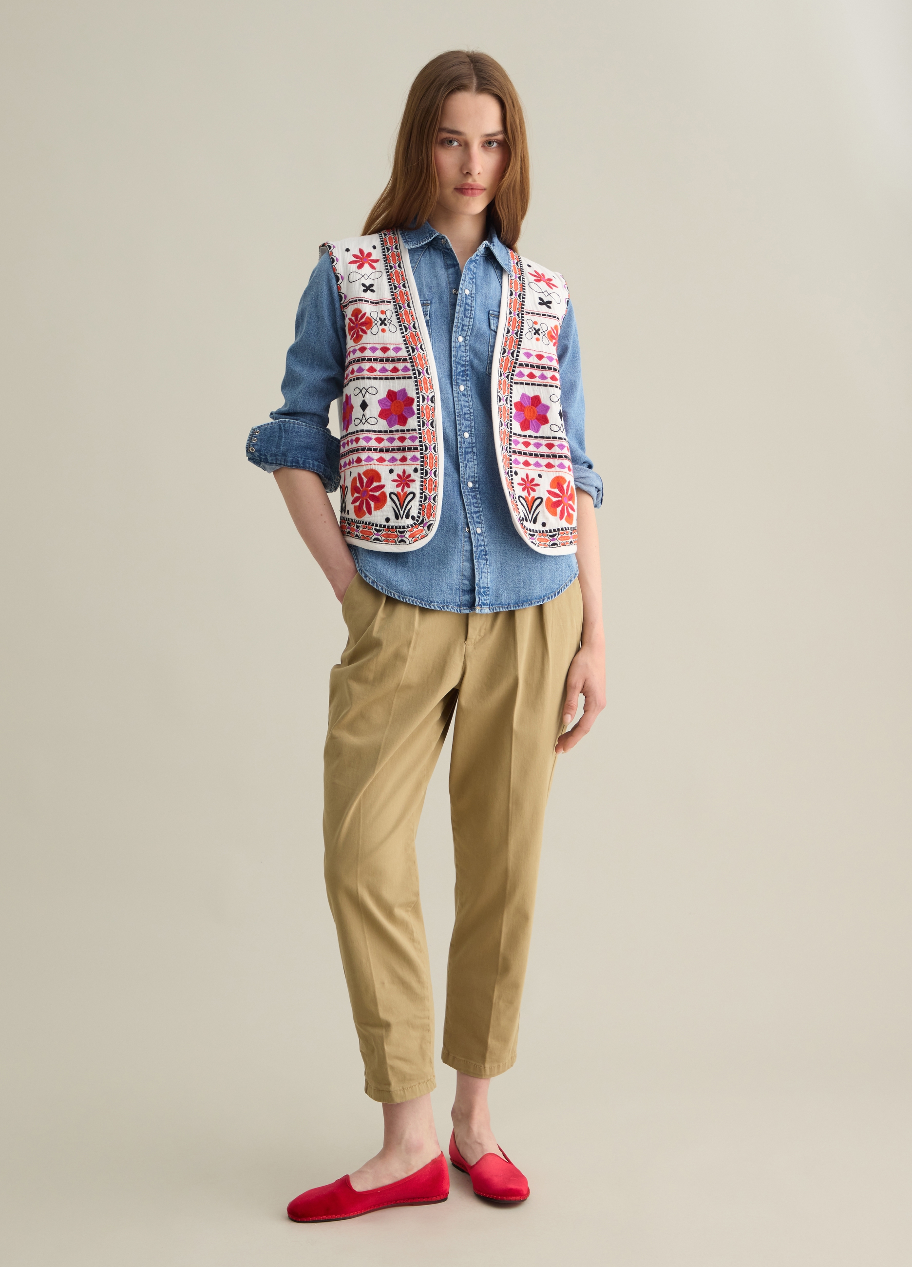 OVS, Chaleco Bordado Multicolor En Algodón, Mujer, Blanco/rojo, Talla: 42
