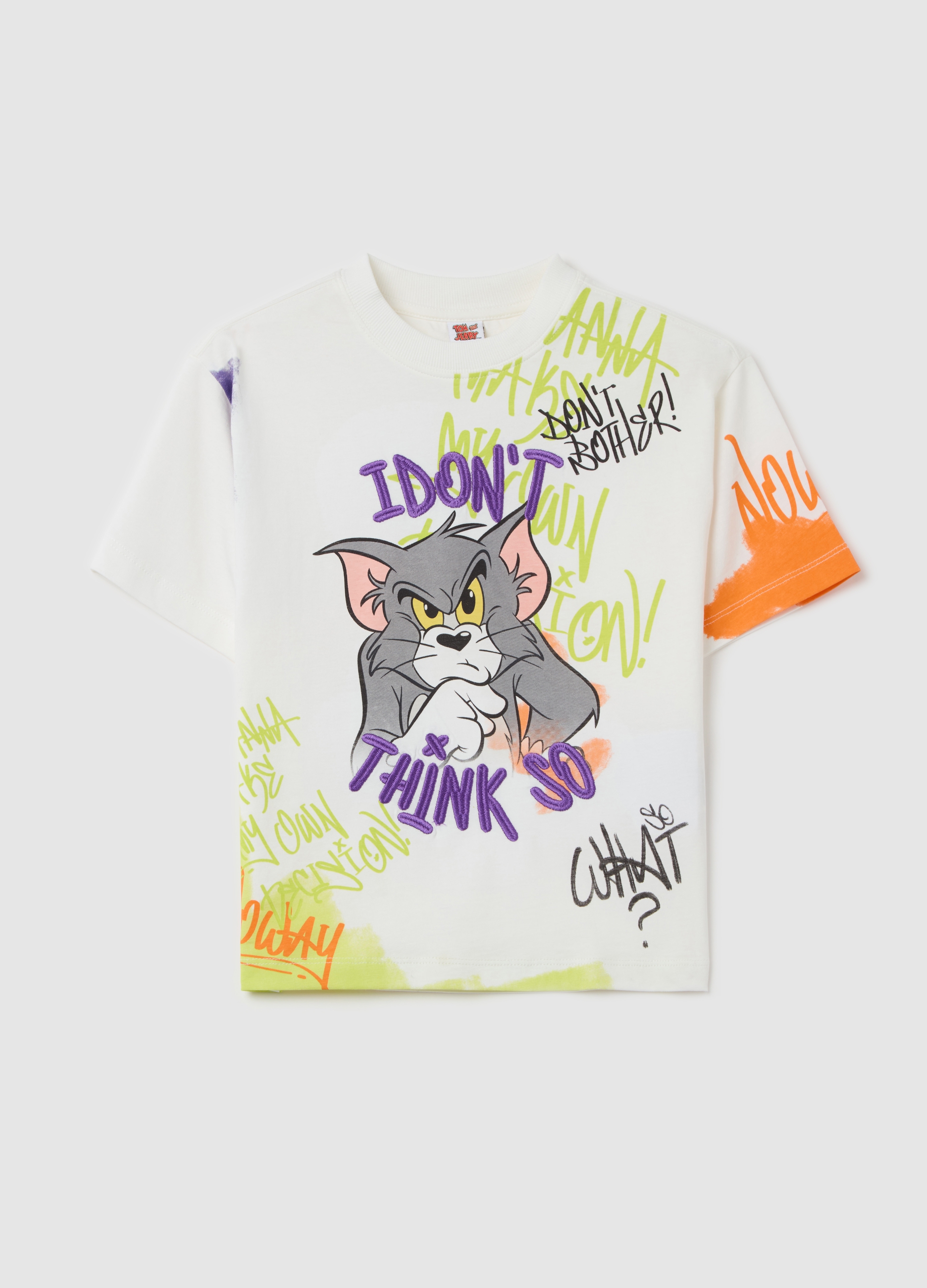 OVS, T-shirt In Cotone Con Stampa Tom E Ricamo i Don't Think So, Bambino, Bianco, Taglia: 3-4