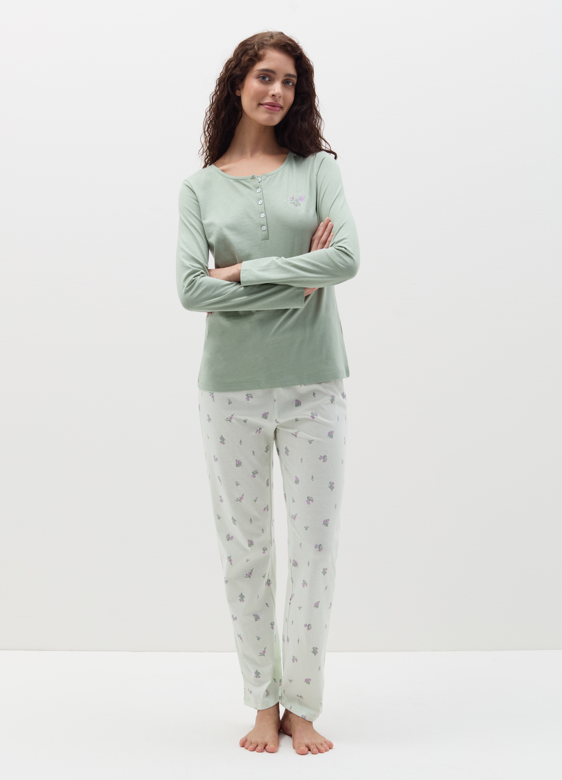 OVS , Pigiama Lungo Stampa Fiorellini, Donna, Verde, Taglia: S