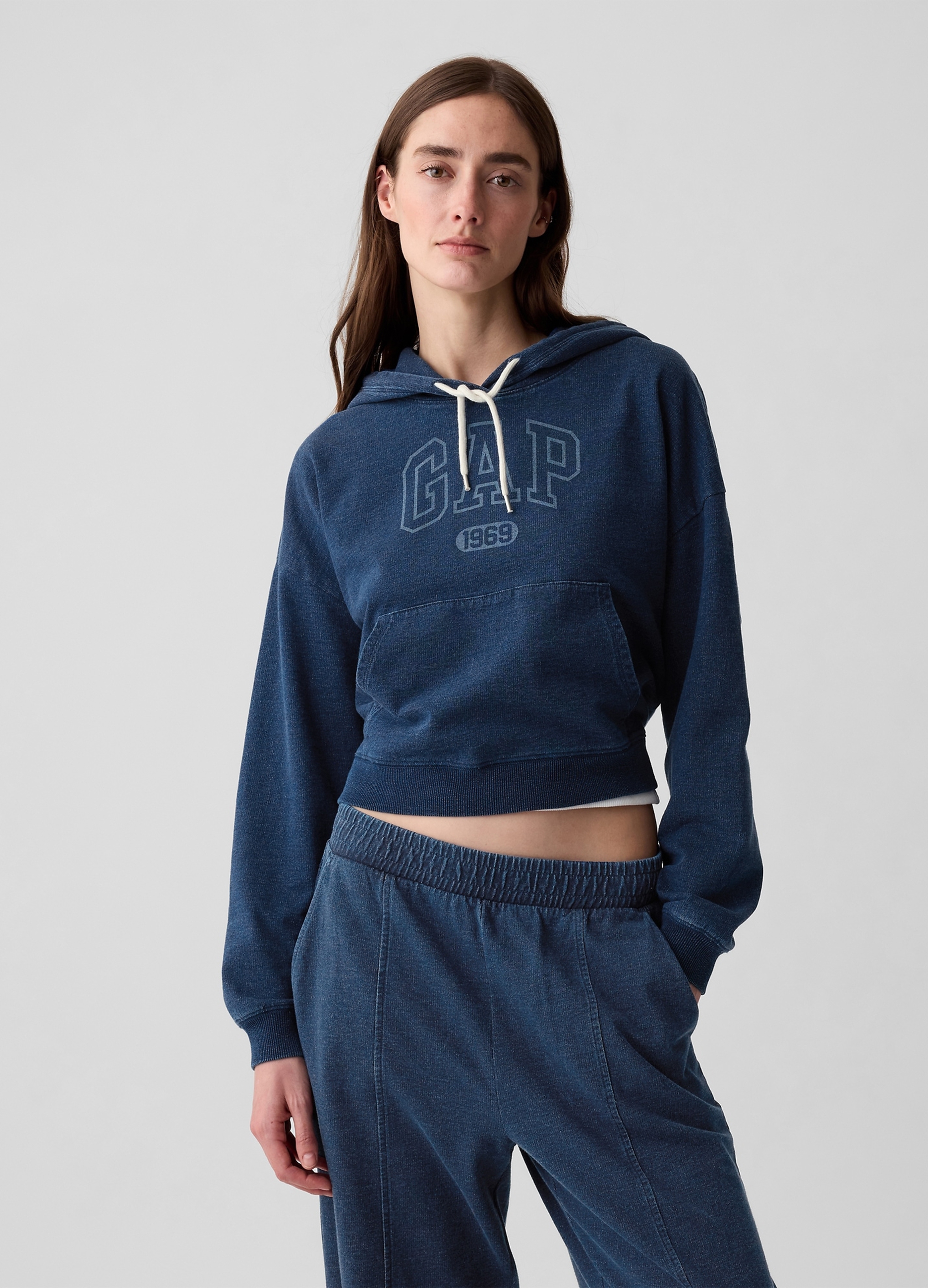 GAP, Felpa Over Cropped In Denim Stampa Logo, Donna, Denim, Taglia: M