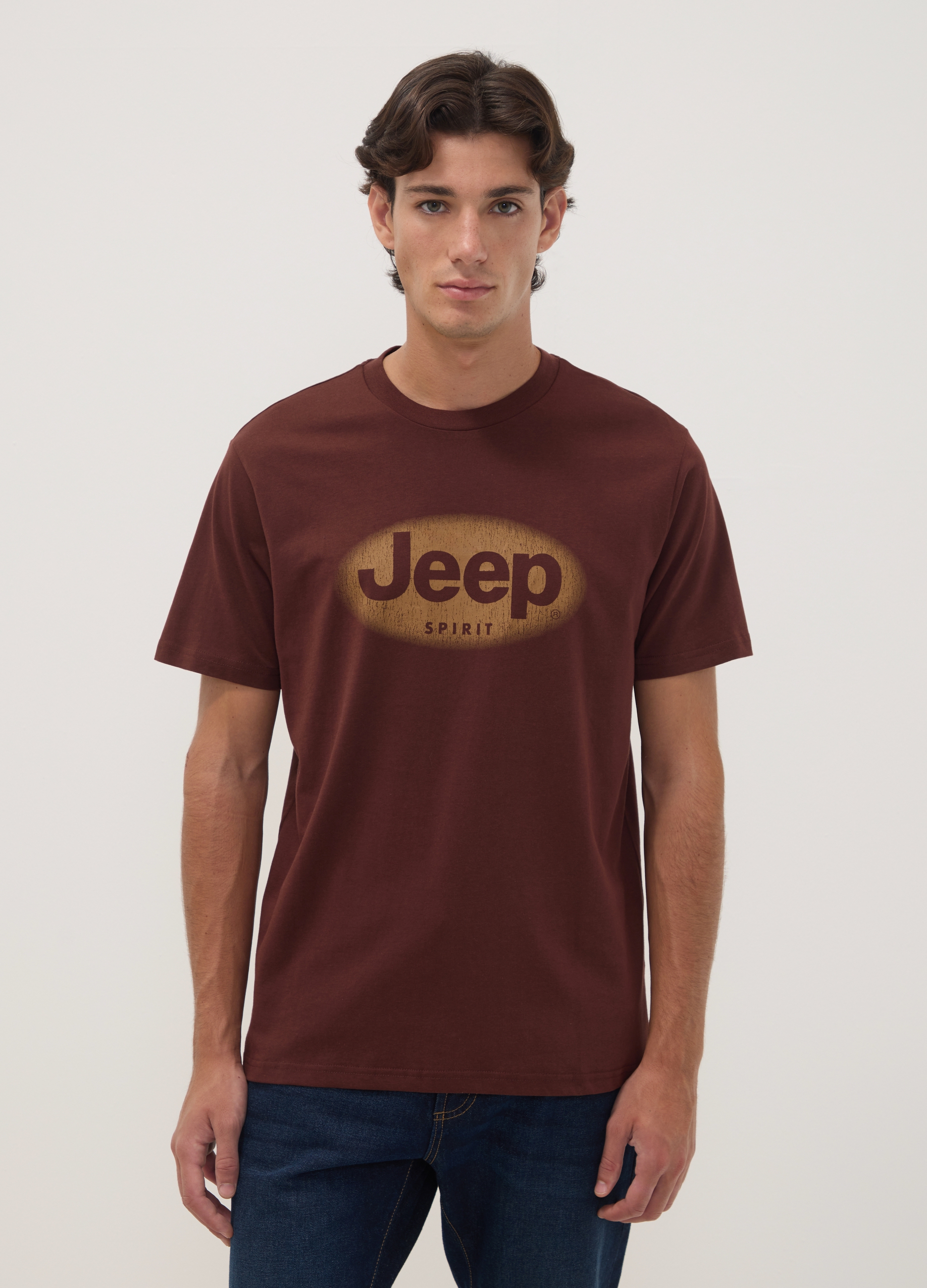 JEEP, T-shirt Marrone In Puro Cotone Con Girocollo E Stampa Jeep, Uomo, Marrone, Taglia: S